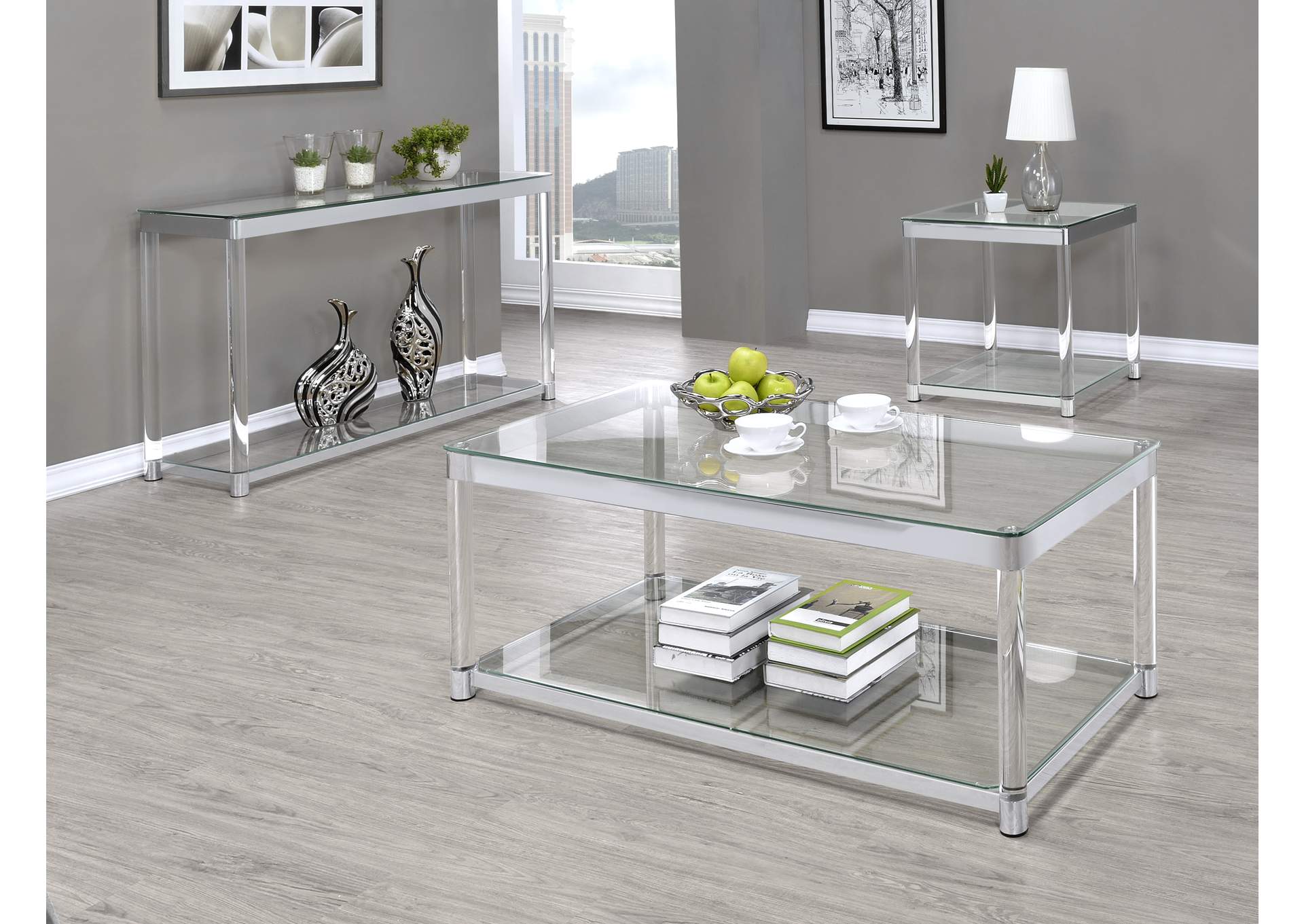 Anne Coffee Table with Lower Shelf Chrome and Clear,Coaster Furniture