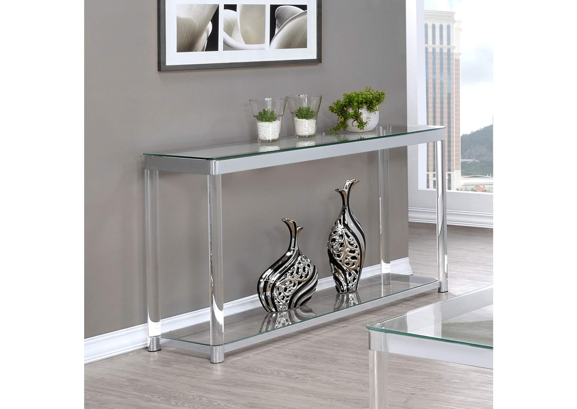 Anne Sofa Table with Lower Shelf Chrome and Clear,Coaster Furniture