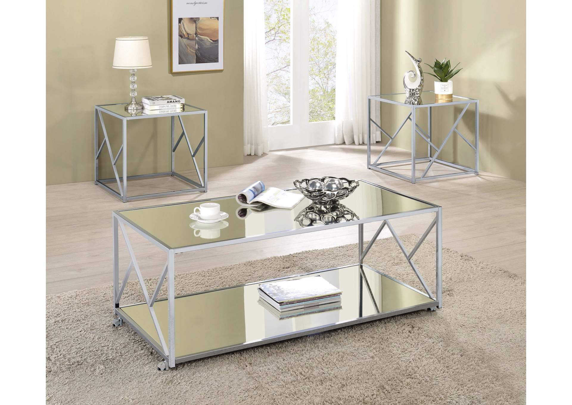 Provins 3-piece Occasional Table Set Clear Mirror and Chrome,Coaster Furniture