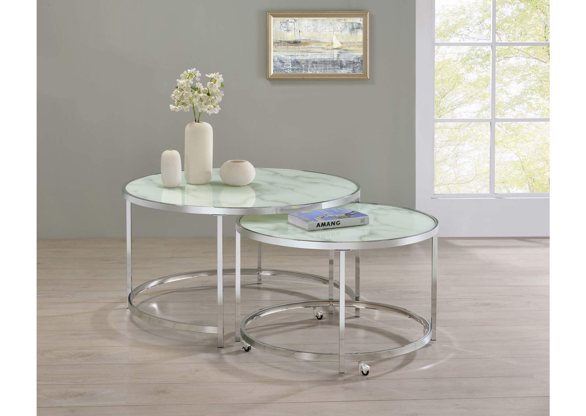 Lynn 2-piece Round Nesting Table White and Chrome,Coaster Furniture