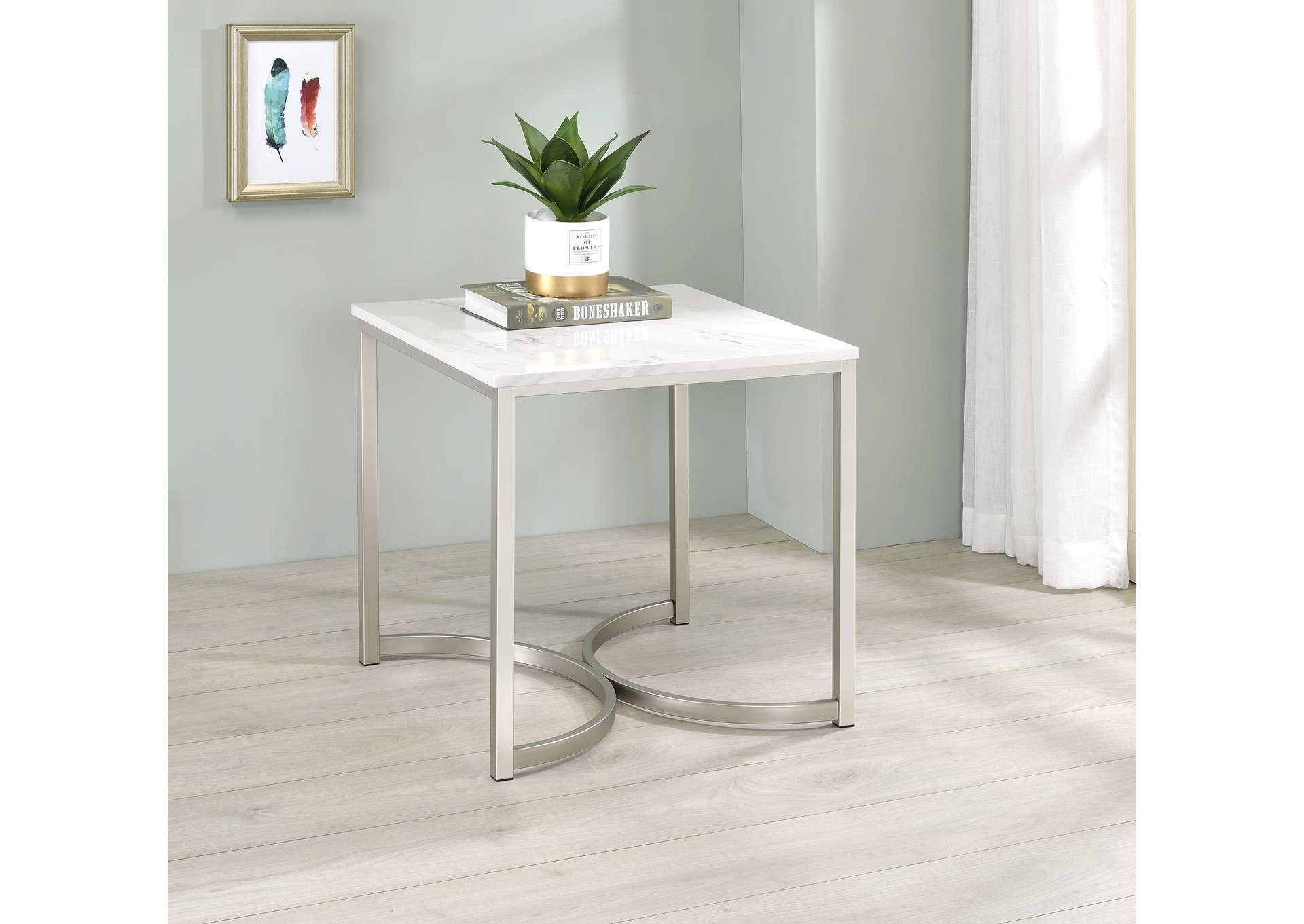 Leona Faux Marble Square End Table White and Satin Nickel,Coaster Furniture