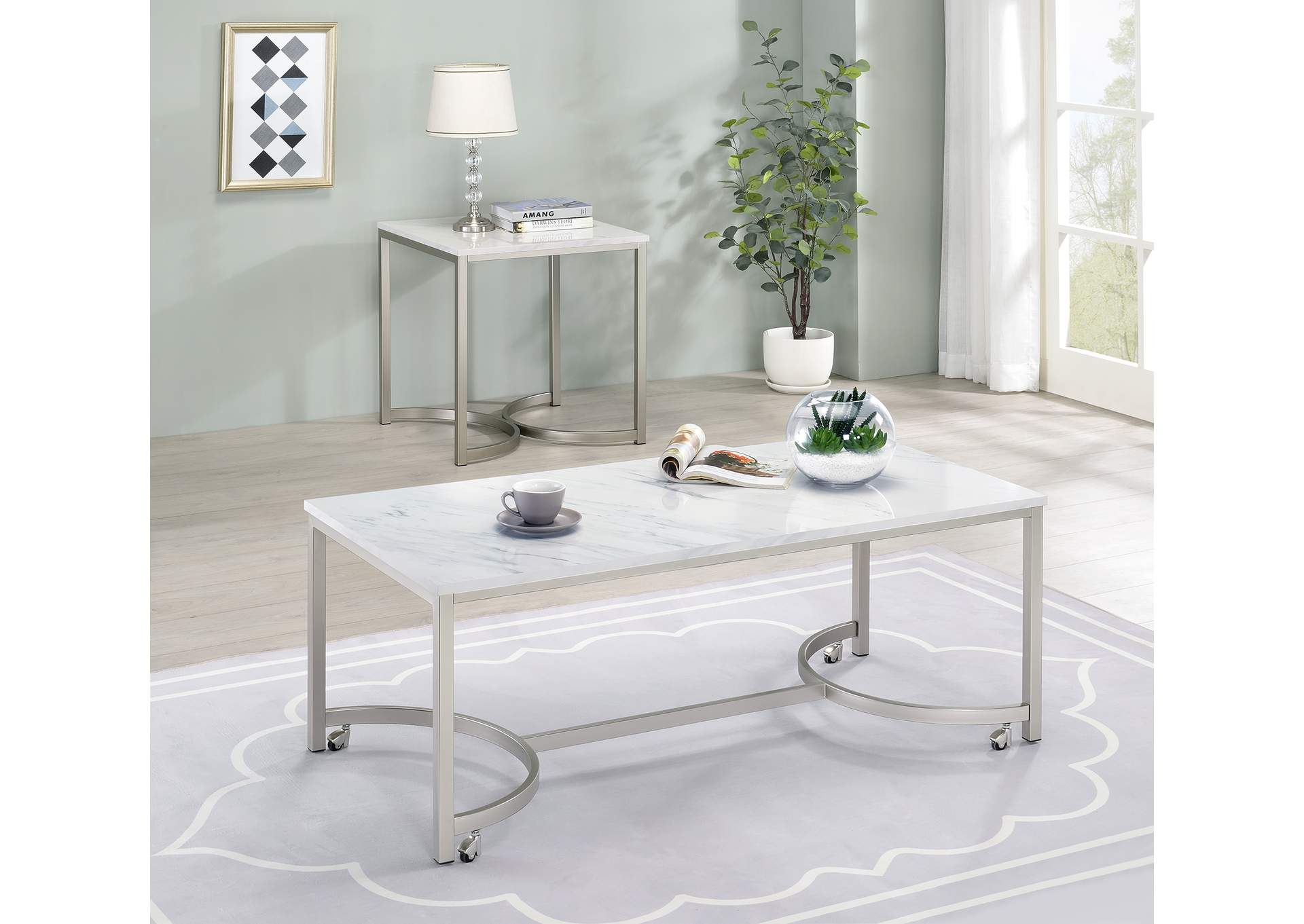 Leona Faux Marble Square End Table White and Satin Nickel,Coaster Furniture