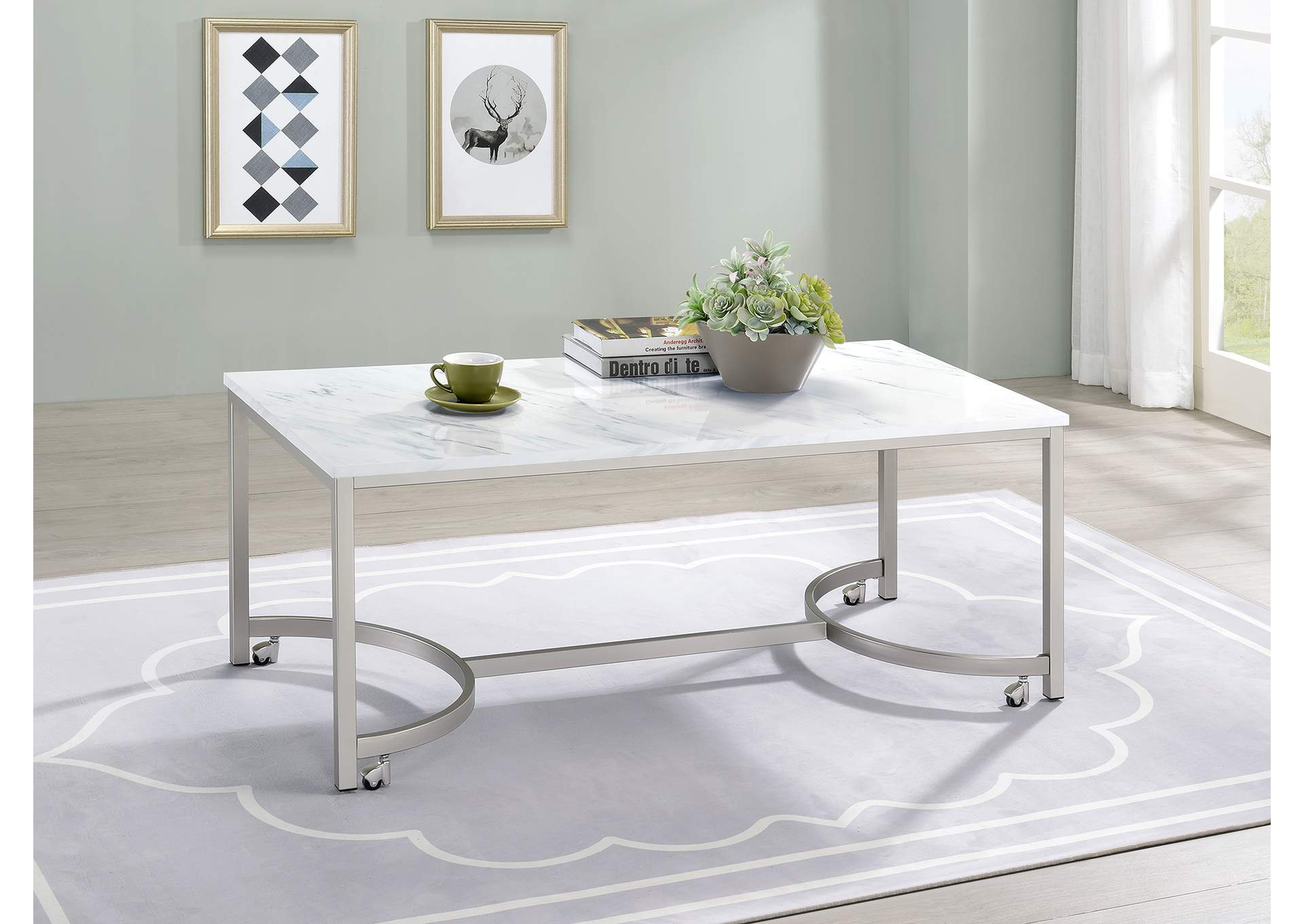 Leona Coffee Table with Casters White and Satin Nickel,Coaster Furniture