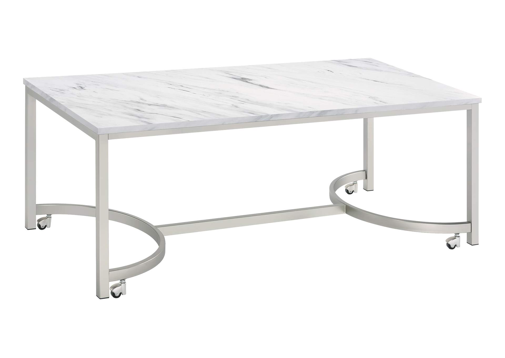 Leona Coffee Table with Casters White and Satin Nickel,Coaster Furniture