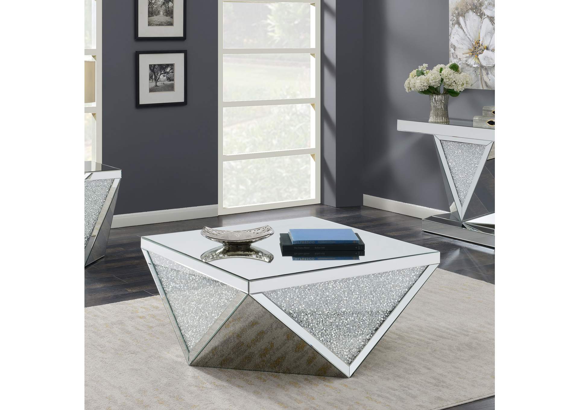 Gunilla Square End Table with Triangle Detailing Silver and Clear Mirror,Coaster Furniture