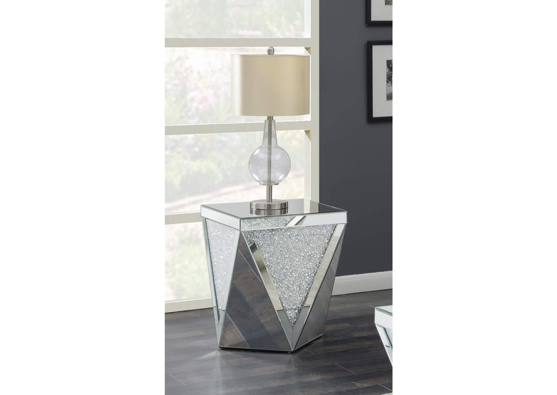 Square End Table with Triangle Detailing Silver and Clear Mirror,Coaster Furniture