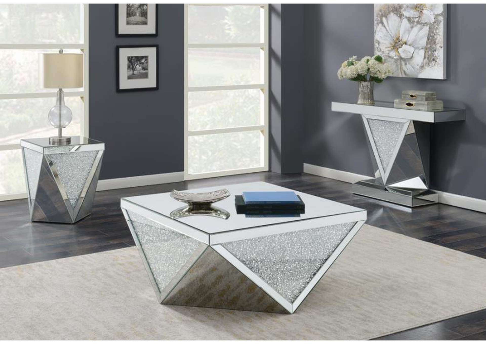 Gunilla Rectangular Sofa Table with Triangle Detailing Silver and Clear Mirror,Coaster Furniture