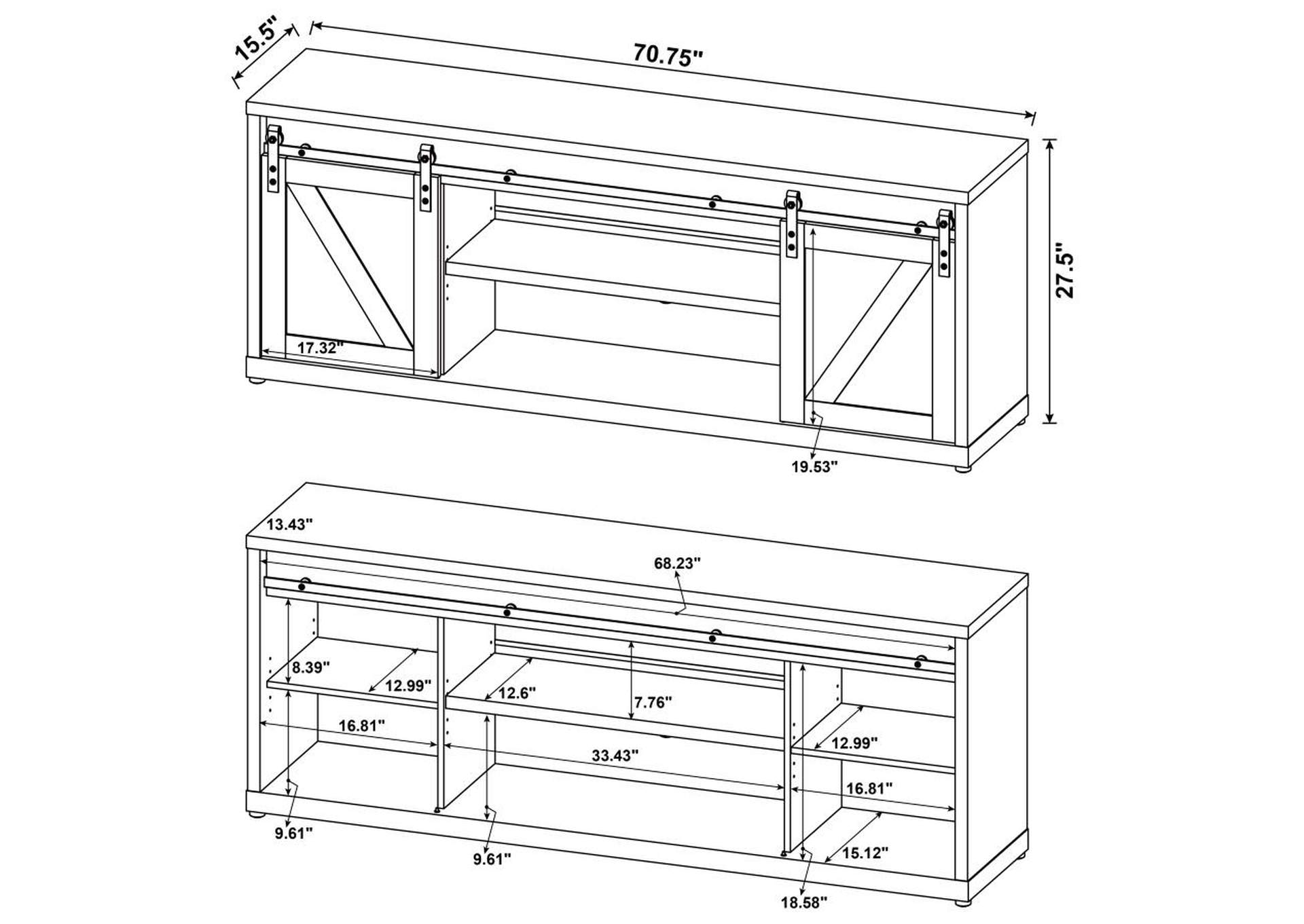 Brockton 71-Inch 3-Shelf Sliding Doors Tv Console Grey Driftwood,Coaster Furniture