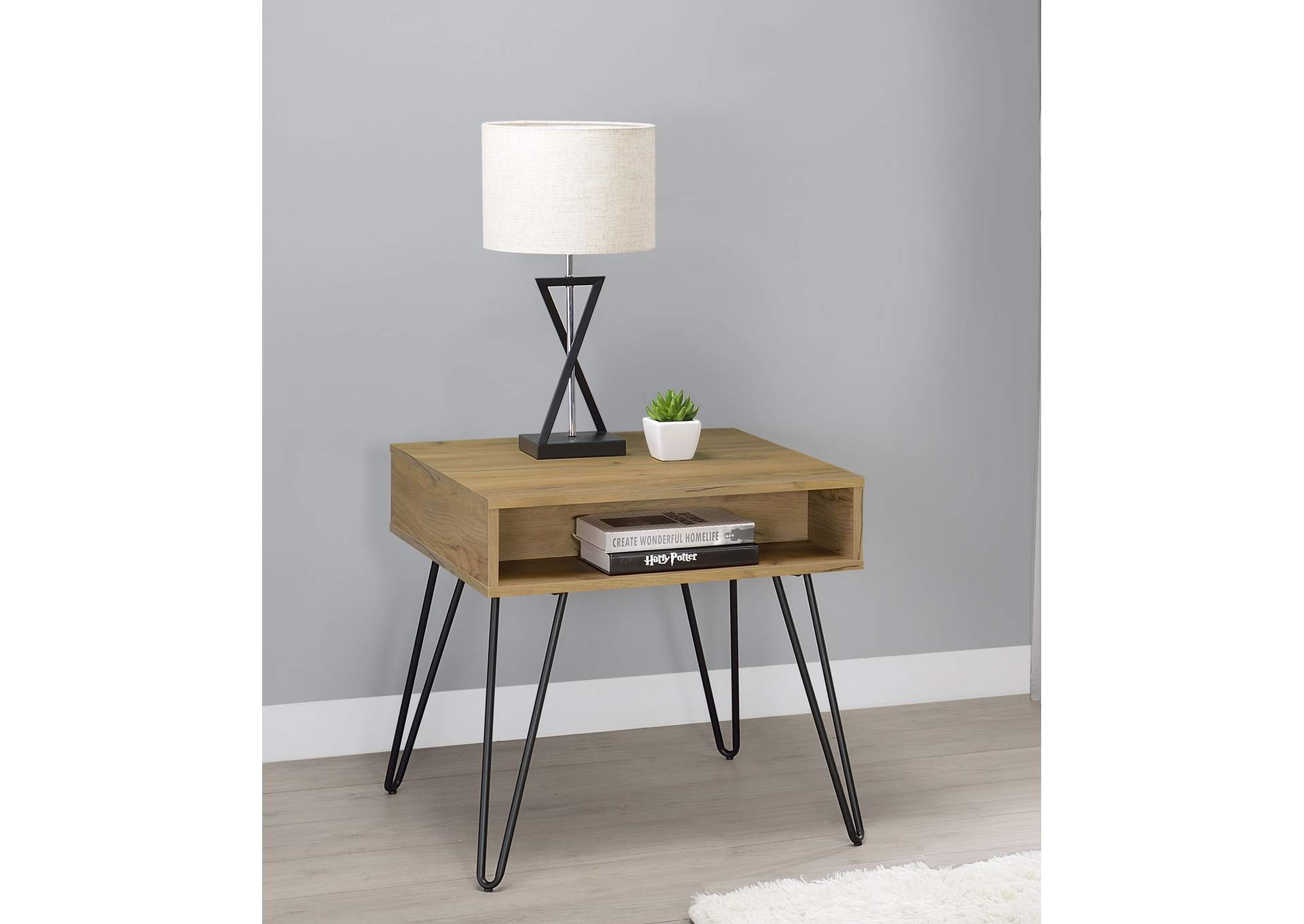 Fanning Square End Table with Open Compartment Golden Oak and Black,Coaster Furniture