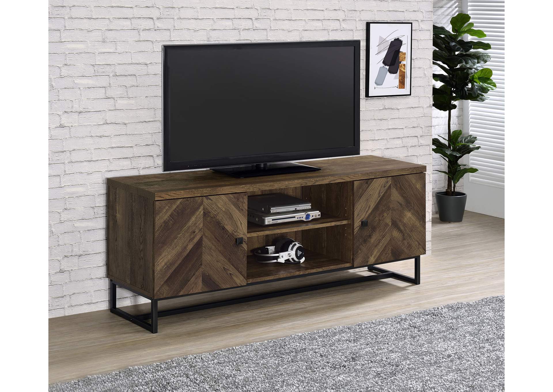 Myles 2-door TV Console with Adjustable Shelves Rustic Oak Herringbone,Coaster Furniture