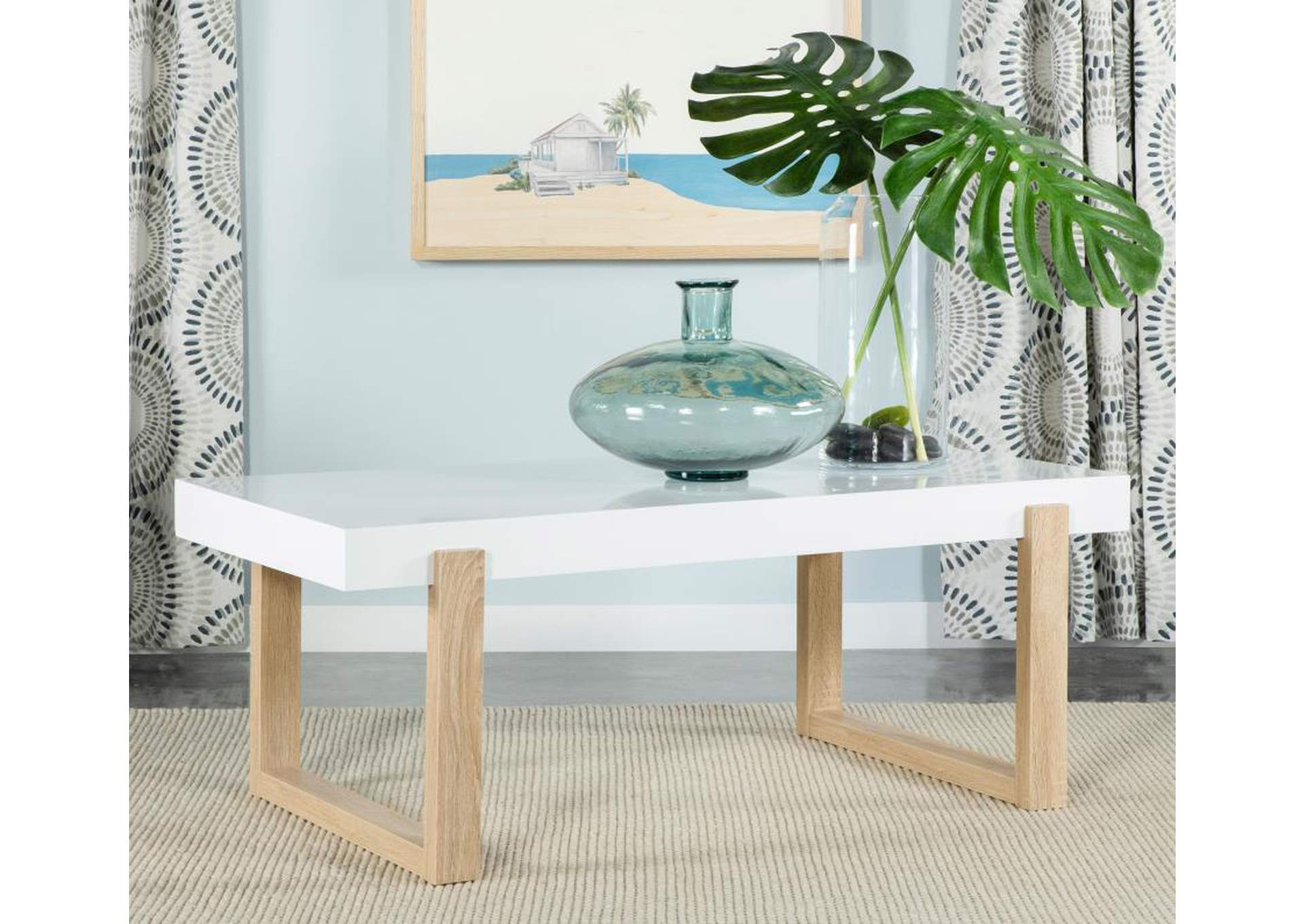 Pala Rectangular Coffee Table With Sled Base White High Gloss And Natural,Coaster Furniture