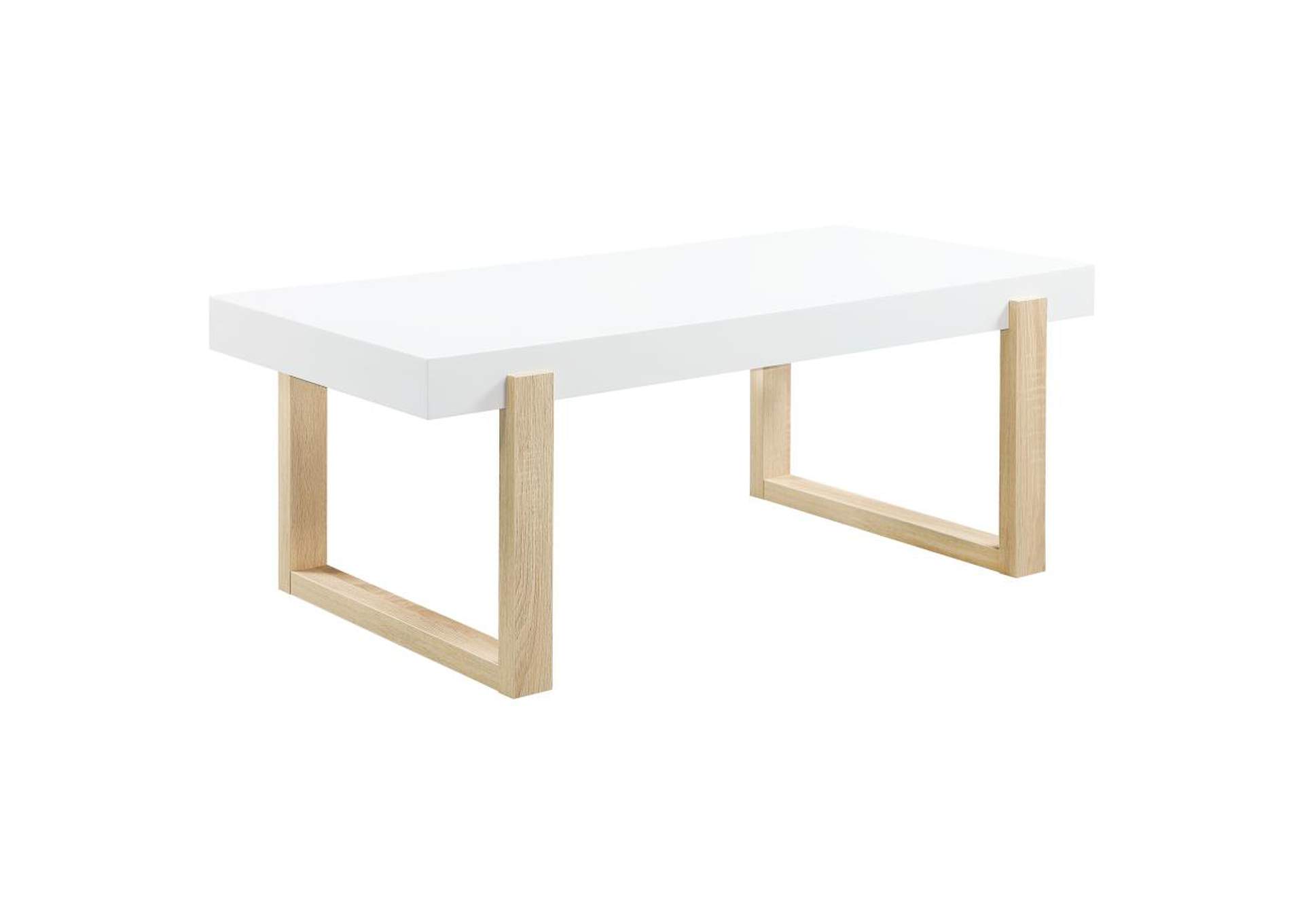 Pala Rectangular Coffee Table With Sled Base White High Gloss And Natural,Coaster Furniture