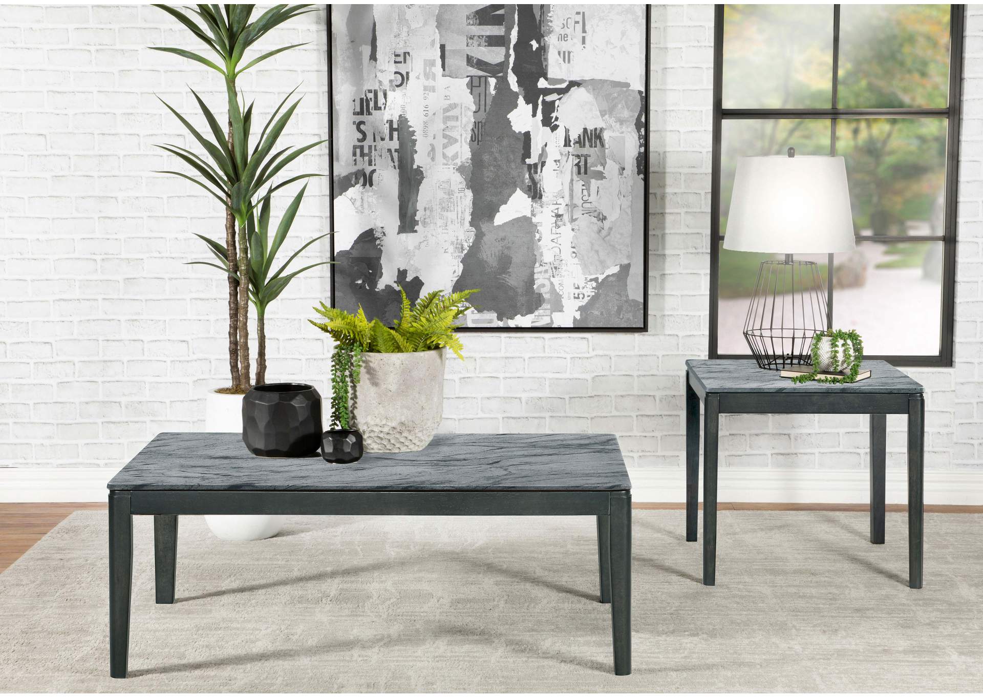 Square End Table Faux Grey Marble and Black,Coaster Furniture