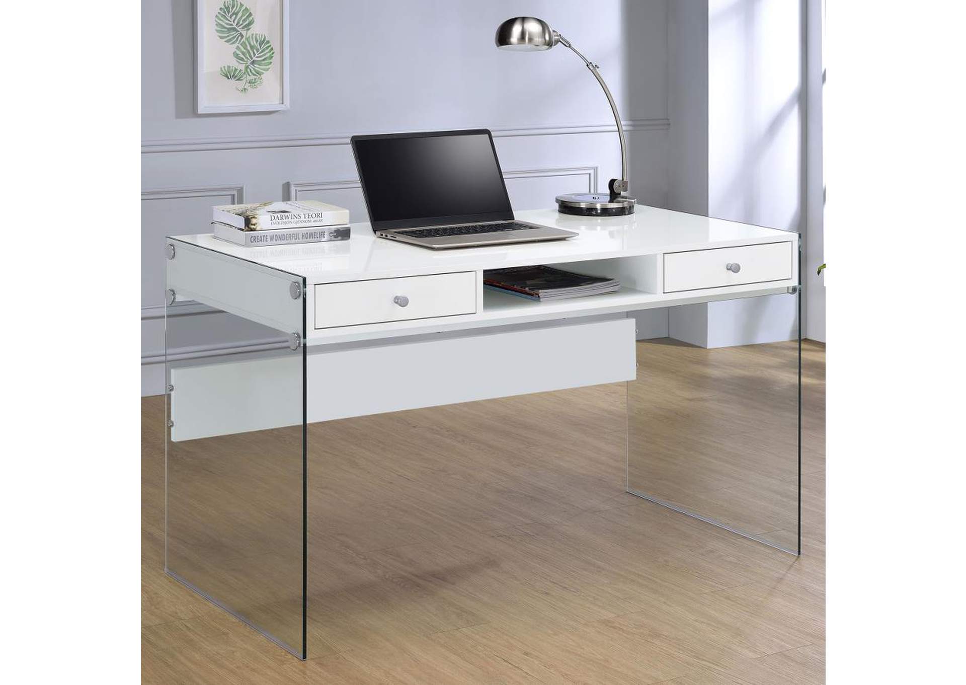 Dobrev 2 - drawer Writing Desk Glossy White and Clear,Coaster Furniture