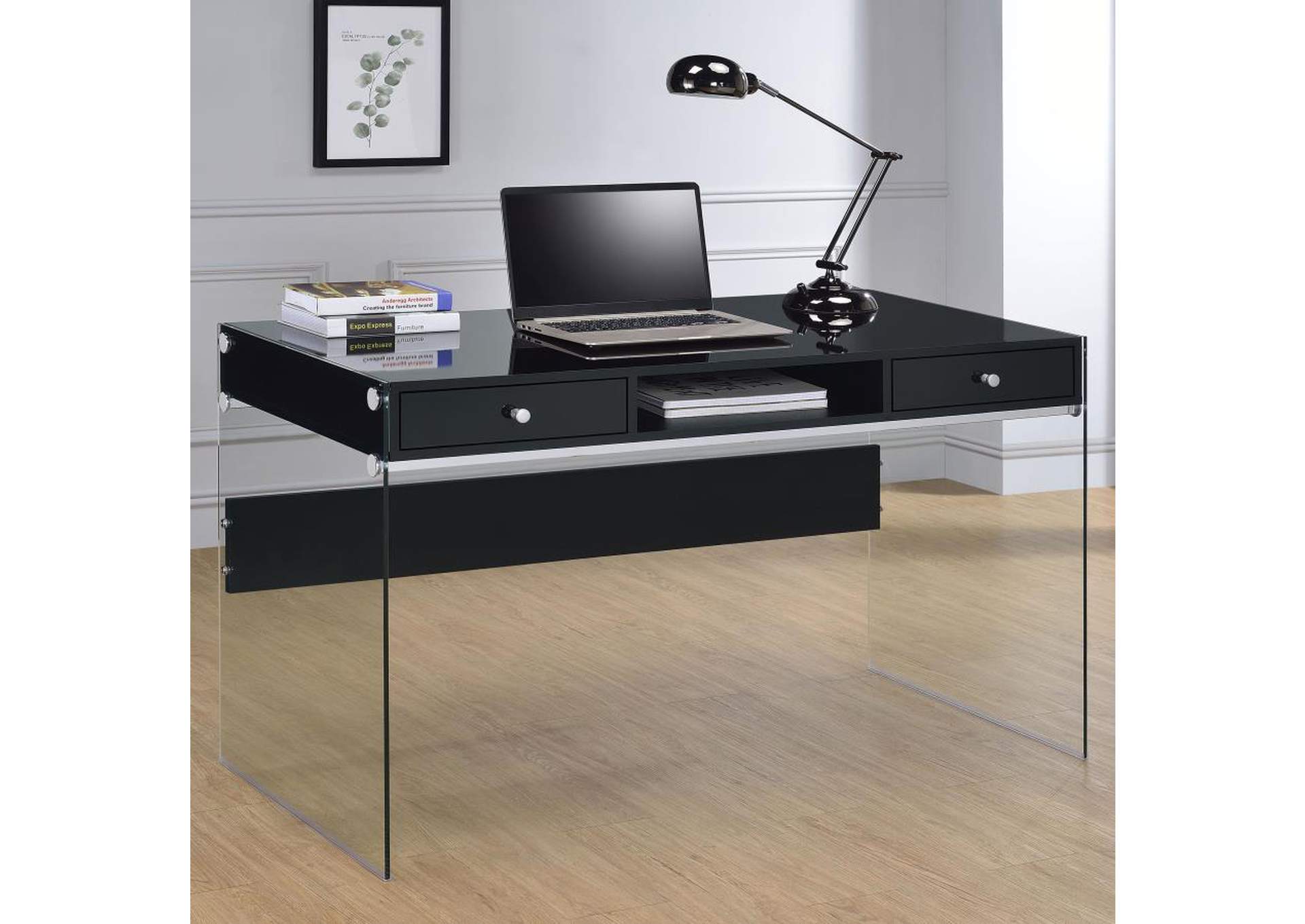 Dobrev 2-drawer Writing Desk Glossy Black and Clear,Coaster Furniture