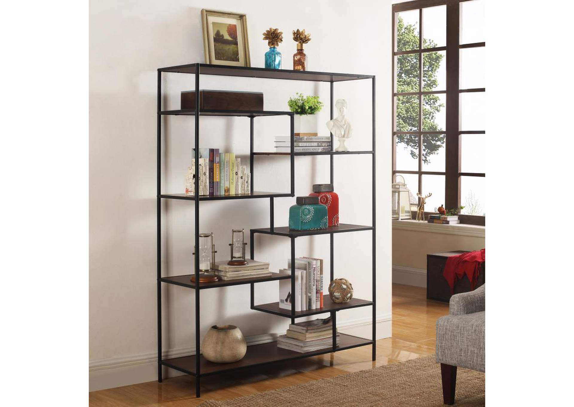 Asher 7 shelf Geometric Bookcase Walnut Frankfort Discount Warehouse
