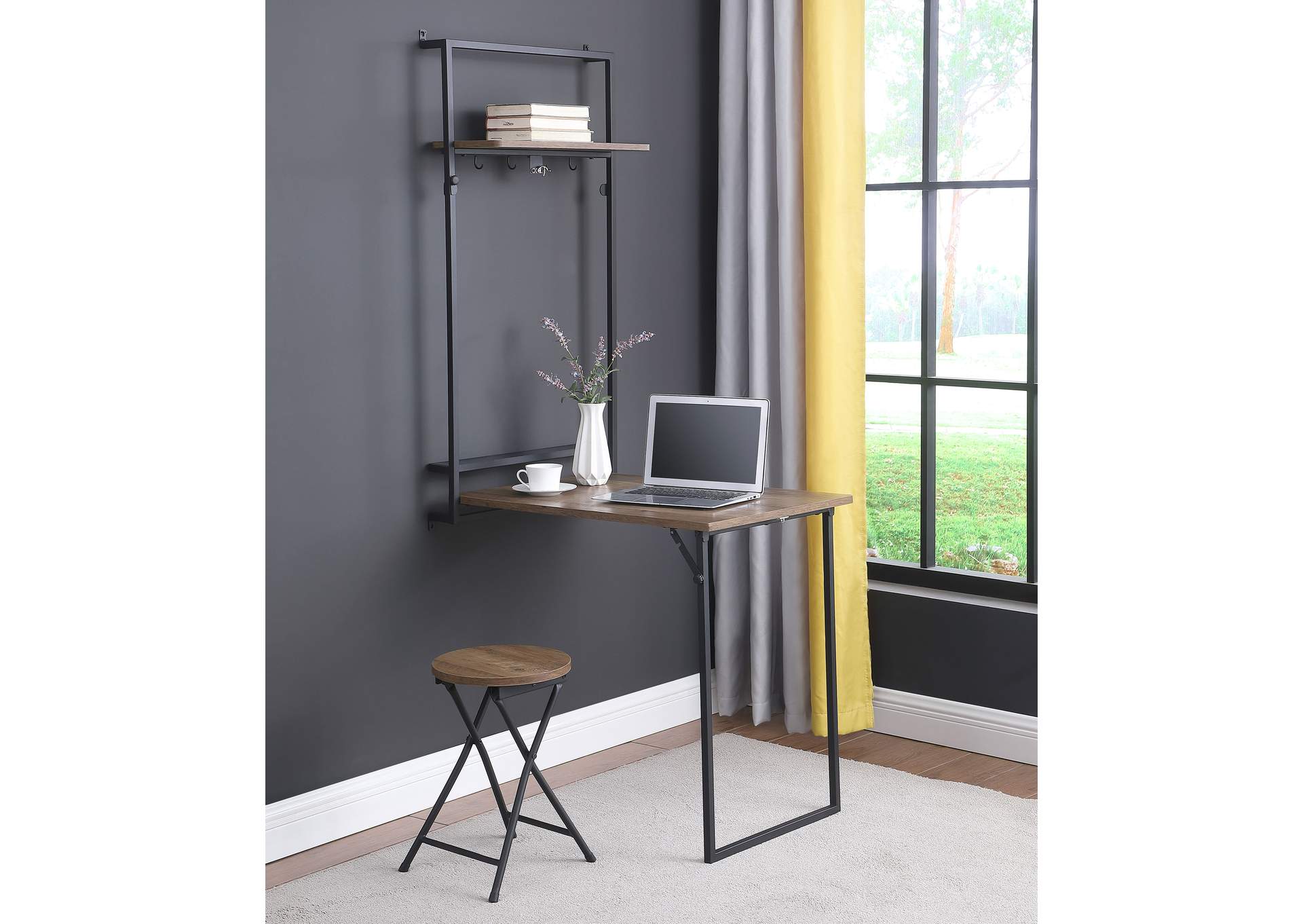 Riley Foldable Wall Desk with Stool Rustic Oak and Sandy Black,Coaster Furniture