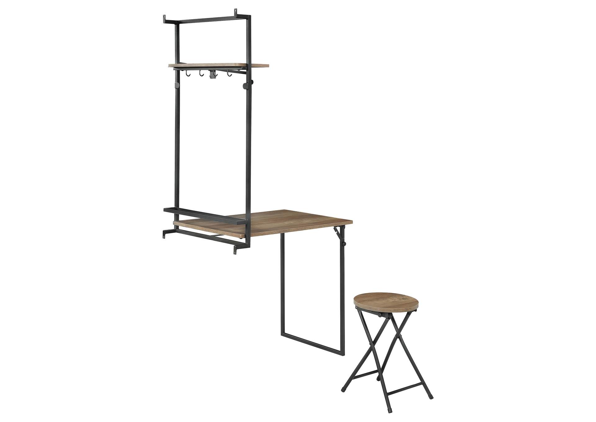 Riley Foldable Wall Desk with Stool Rustic Oak and Sandy Black,Coaster Furniture