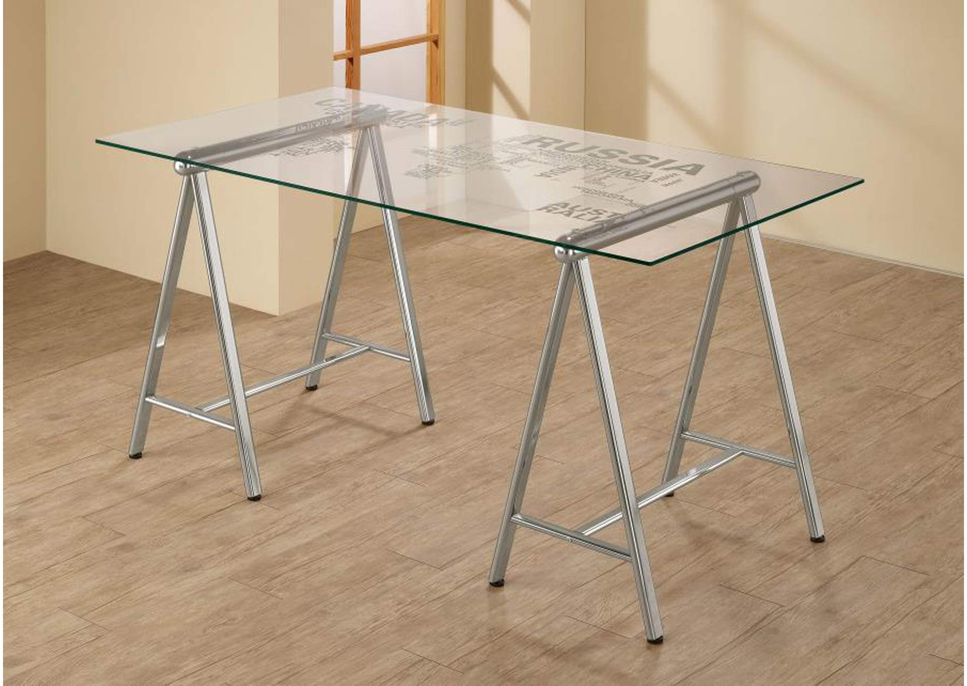 Patton World Map Writing Desk Nickel And Printed Clear,Coaster Furniture