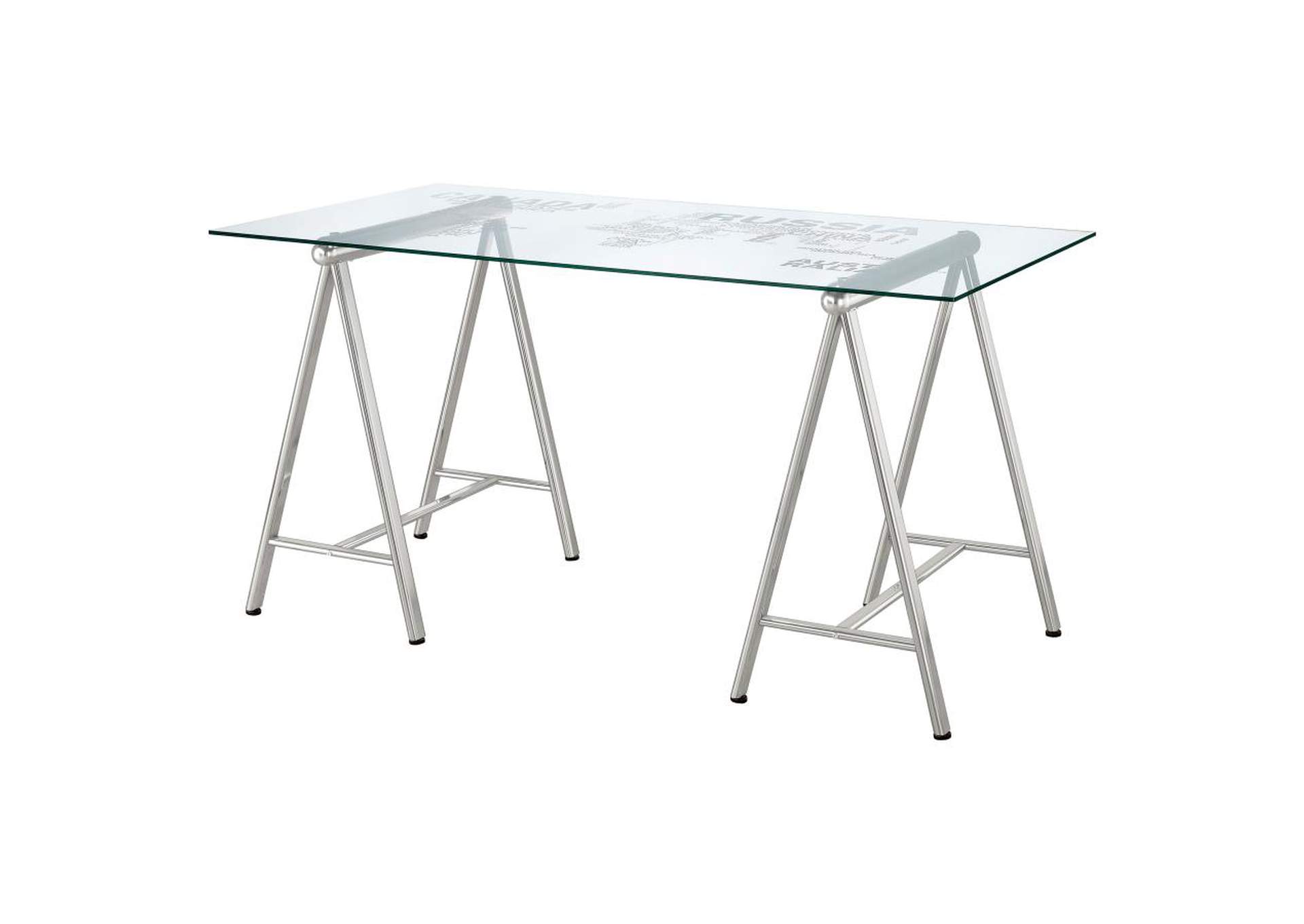 Patton World Map Writing Desk Nickel and Printed Clear,Coaster Furniture