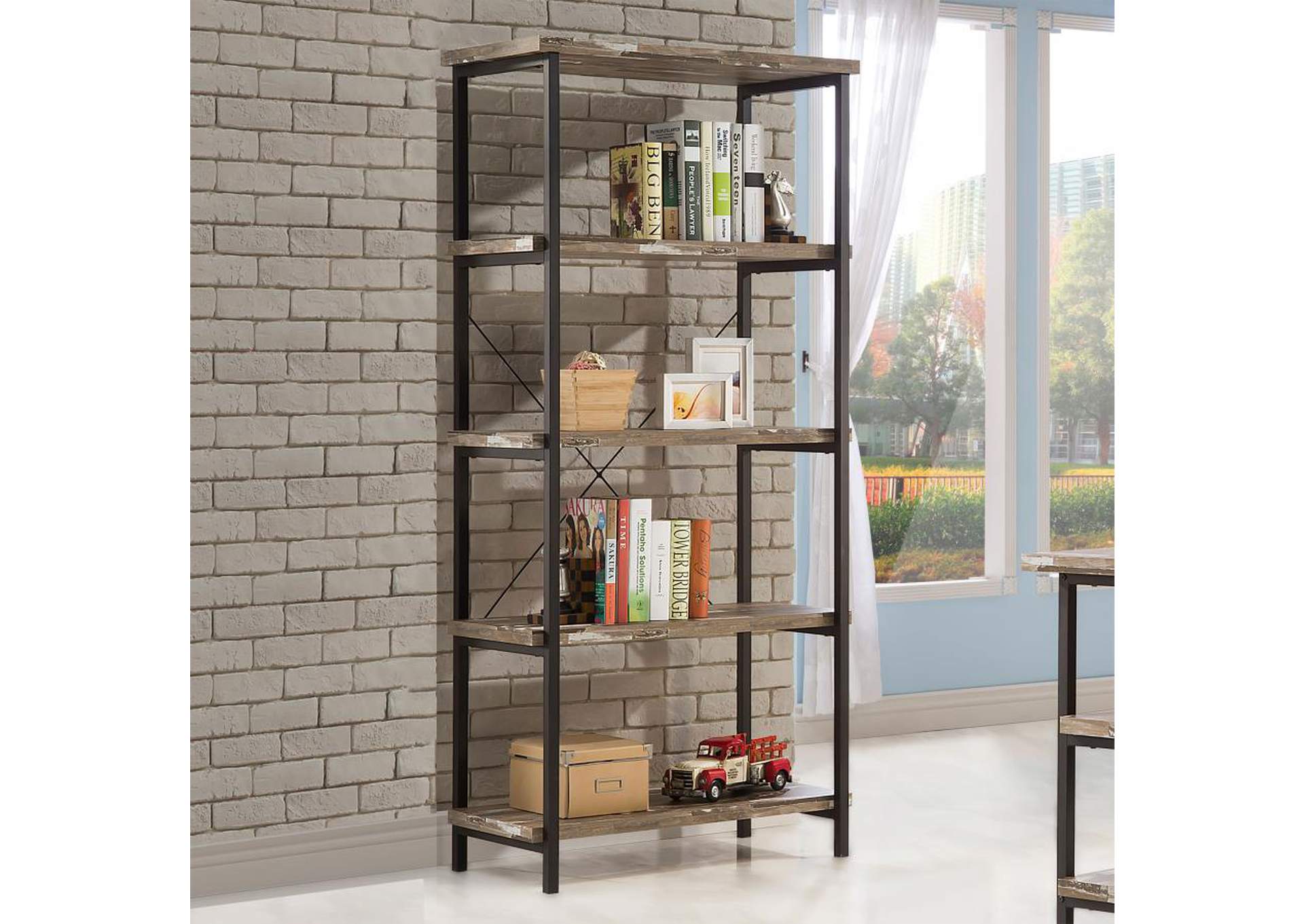 Kemper 4-shelf Bookcase Salvaged Cabin and Black,Coaster Furniture