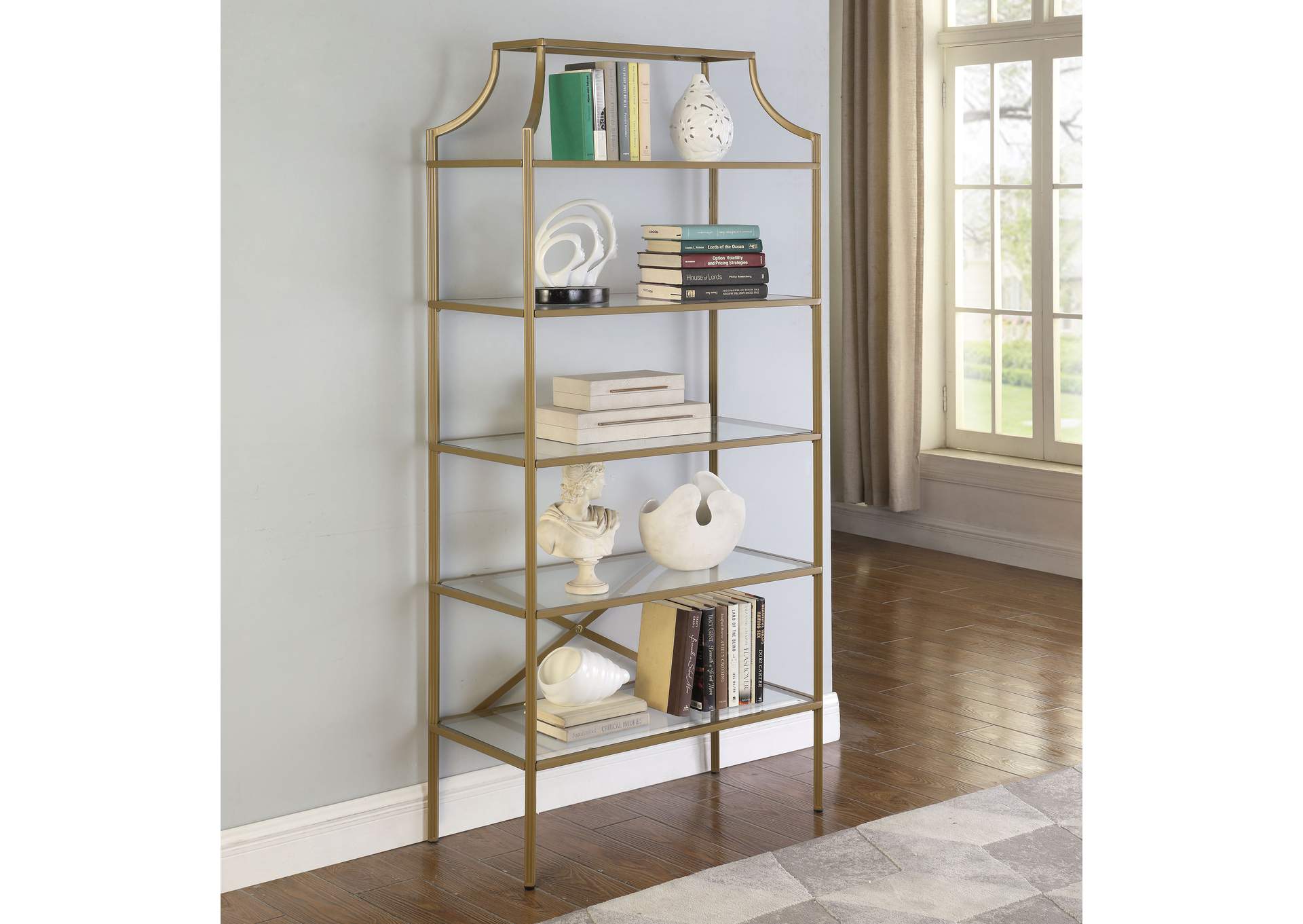 Serena 5-tier Tempered Glass Shelves Bookcase Matte Gold,Coaster Furniture