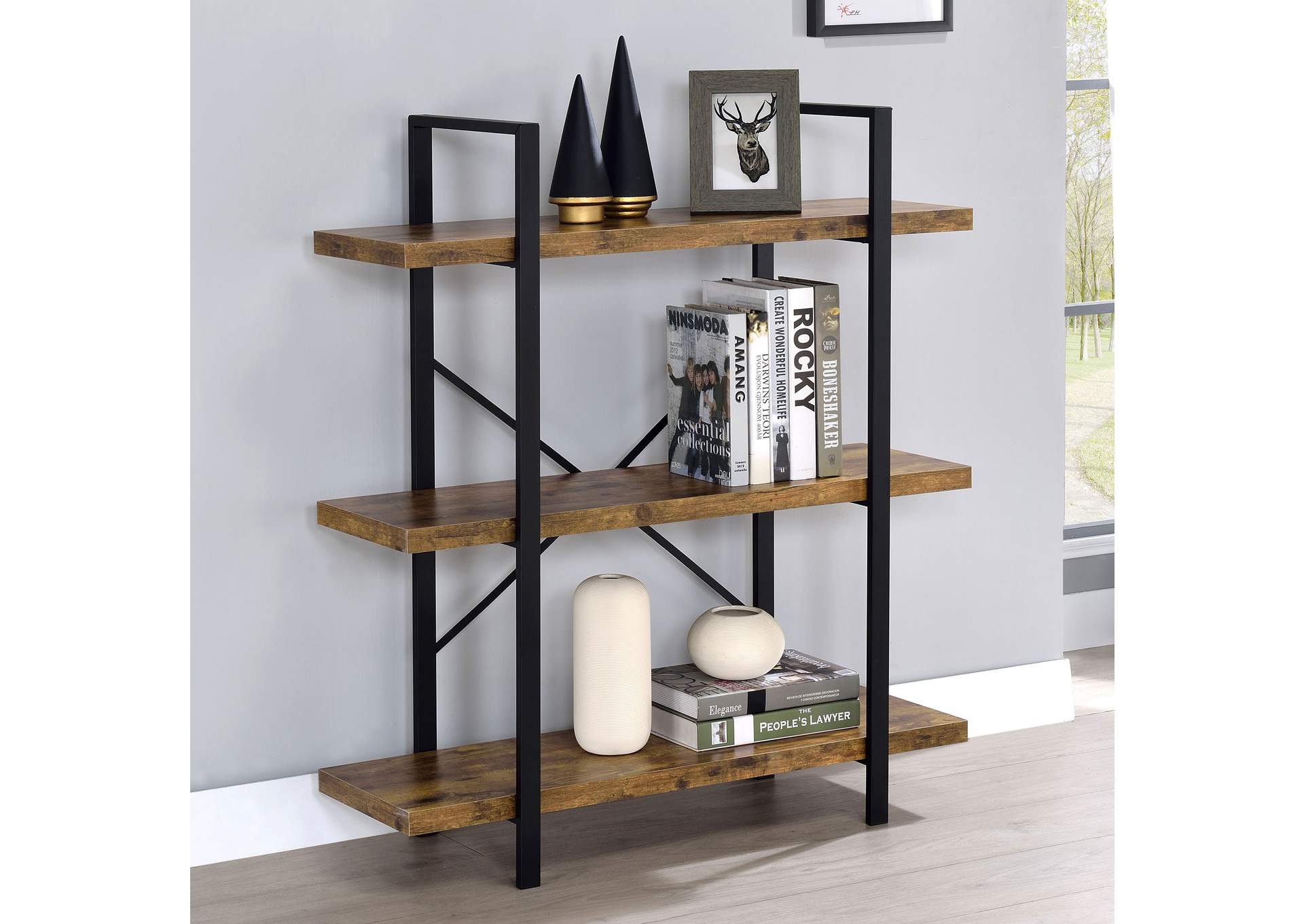 Cole 3-Shelf Bookcase Antique Nutmeg and Black,Coaster Furniture
