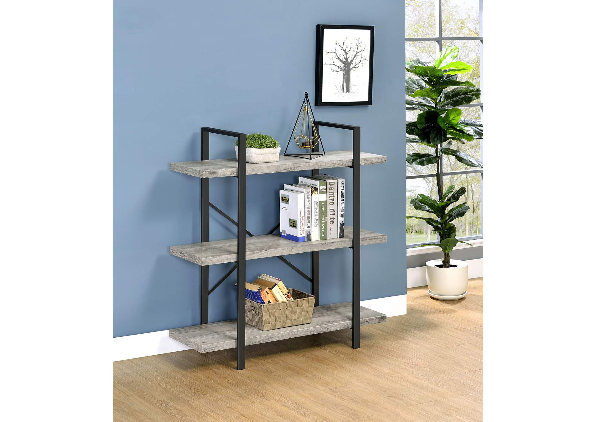 Cole 3-Shelf Bookcase Grey Driftwood and Gunmetal,Coaster Furniture