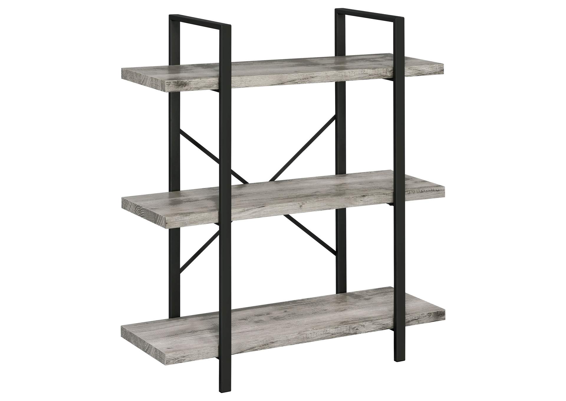 Cole 3-Shelf Bookcase Grey Driftwood and Gunmetal,Coaster Furniture