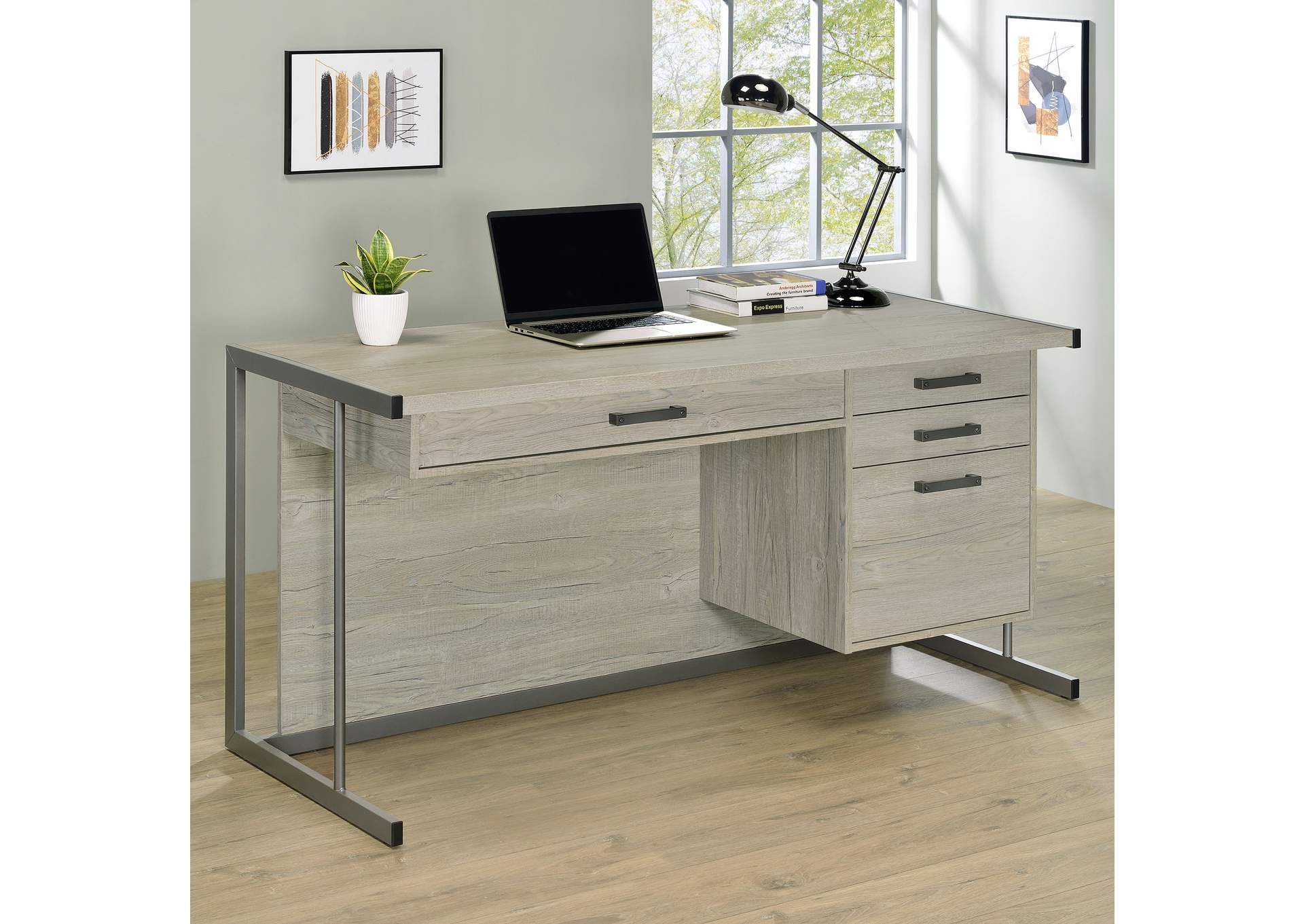 Loomis 4-drawer Rectangular Office Desk Whitewashed Grey and Gunmetal,Coaster Furniture