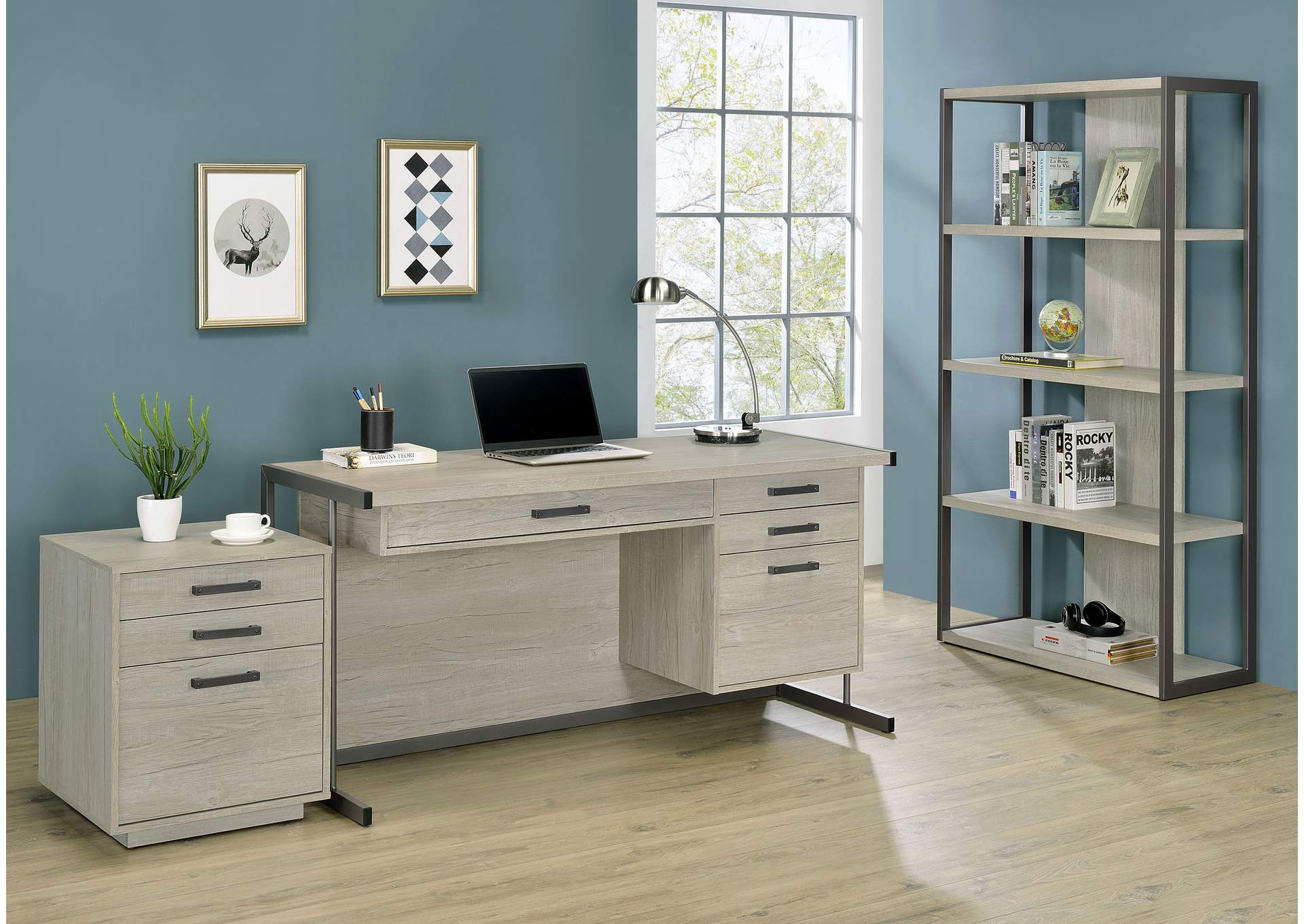 Loomis 4-drawer Rectangular Office Desk Whitewashed Grey and Gunmetal,Coaster Furniture