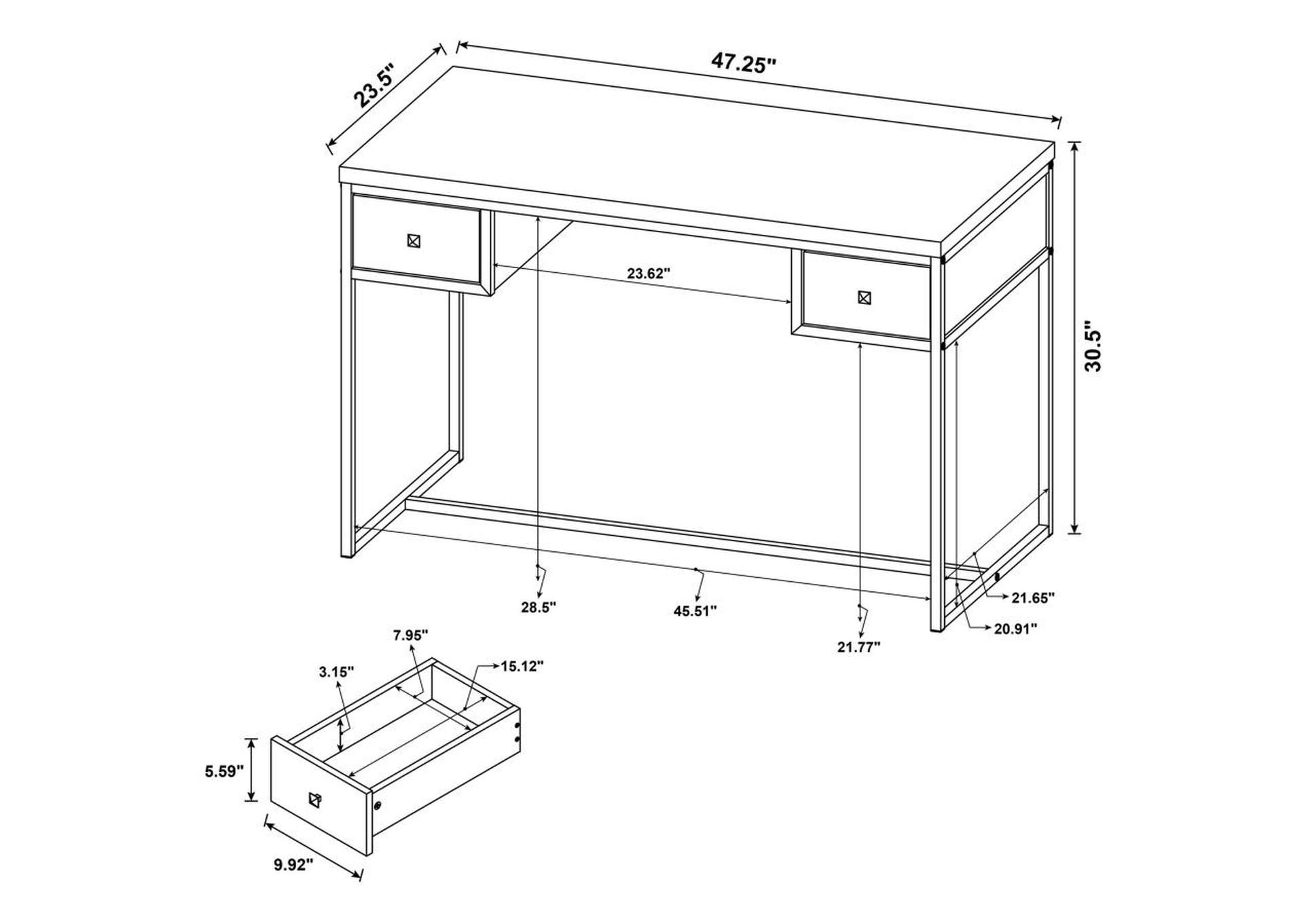 Millbrook 2Drawer Writing Desk Rustic Oak Herringbone And Gunmetal