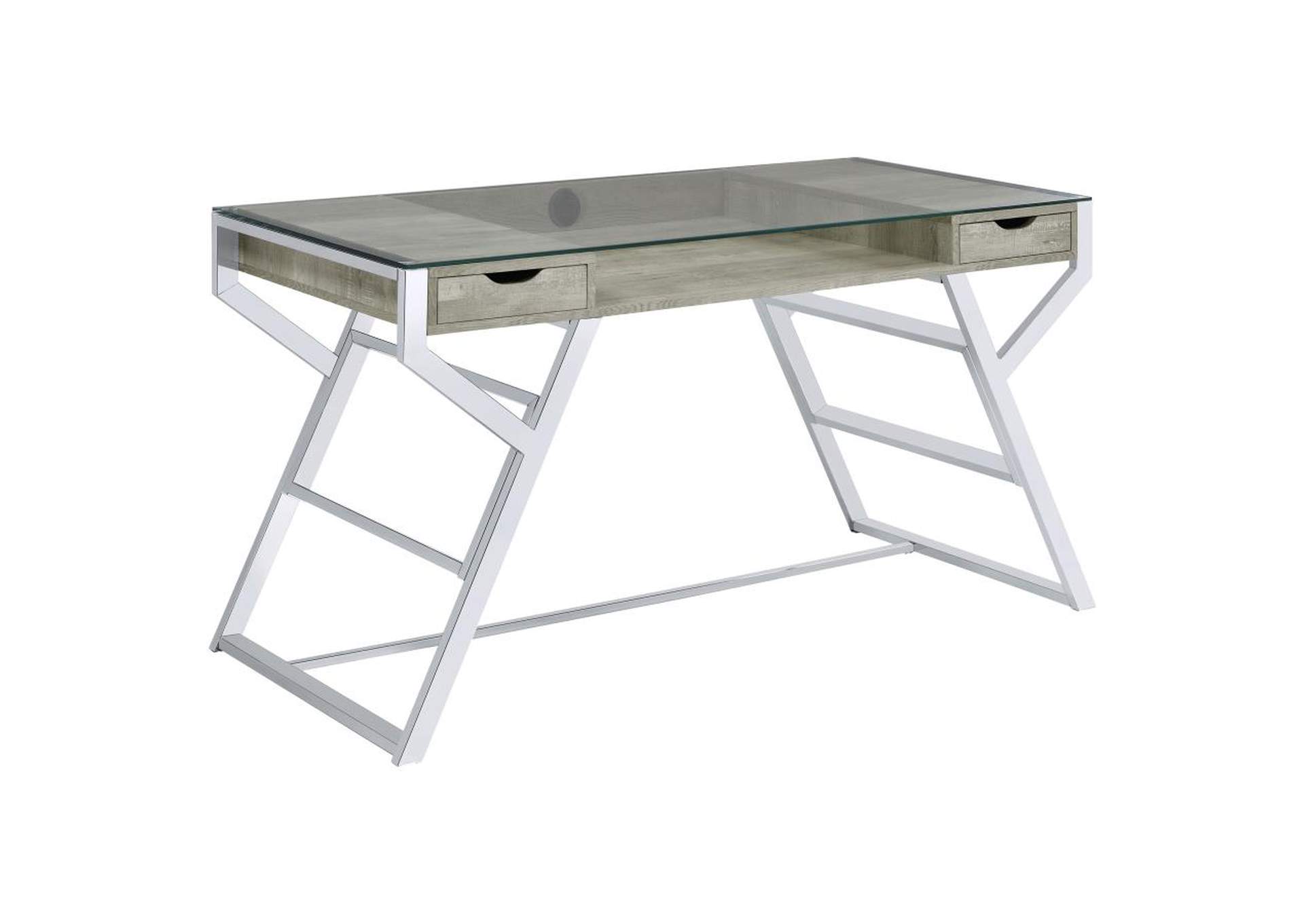 Emelle 2-Drawer Glass Top Writing Desk Grey Driftwood And Chrome,Coaster Furniture
