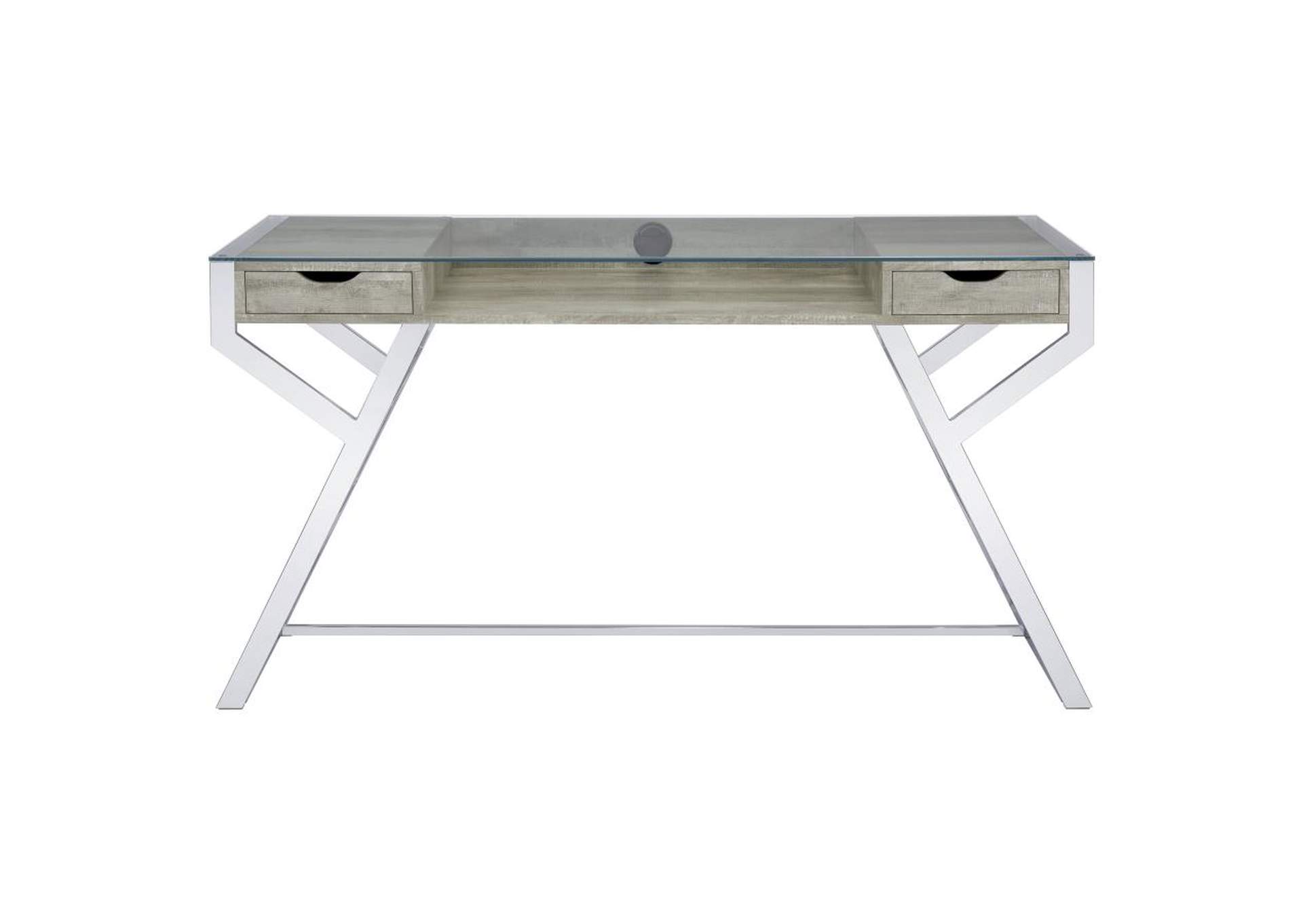 Emelle 2-Drawer Glass Top Writing Desk Grey Driftwood And Chrome,Coaster Furniture