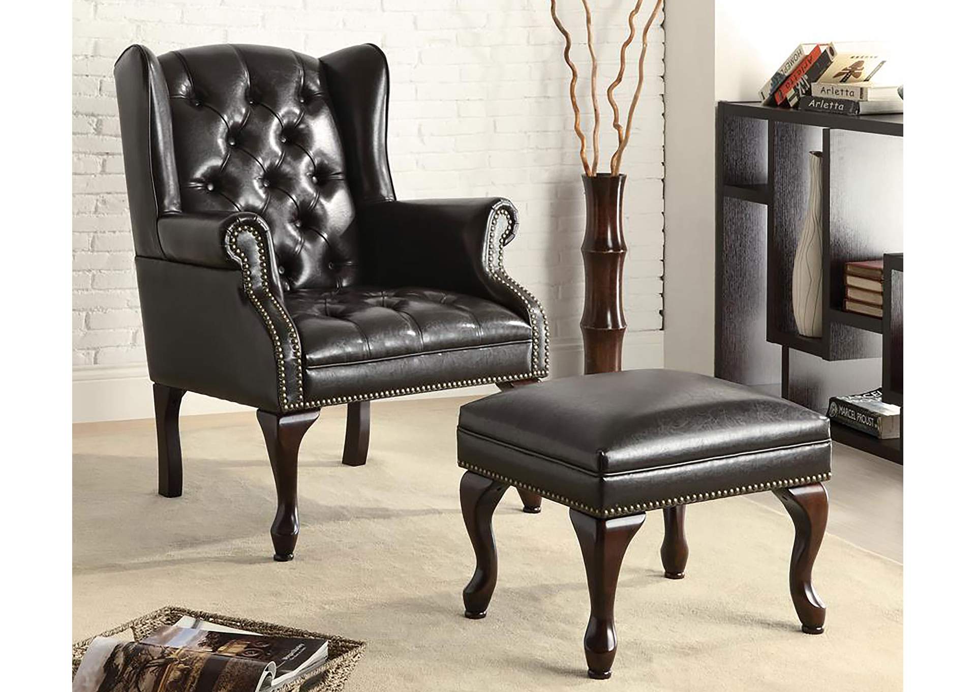 Roberts Button Tufted Back Accent Chair with Ottoman Black and Espresso,Coaster Furniture