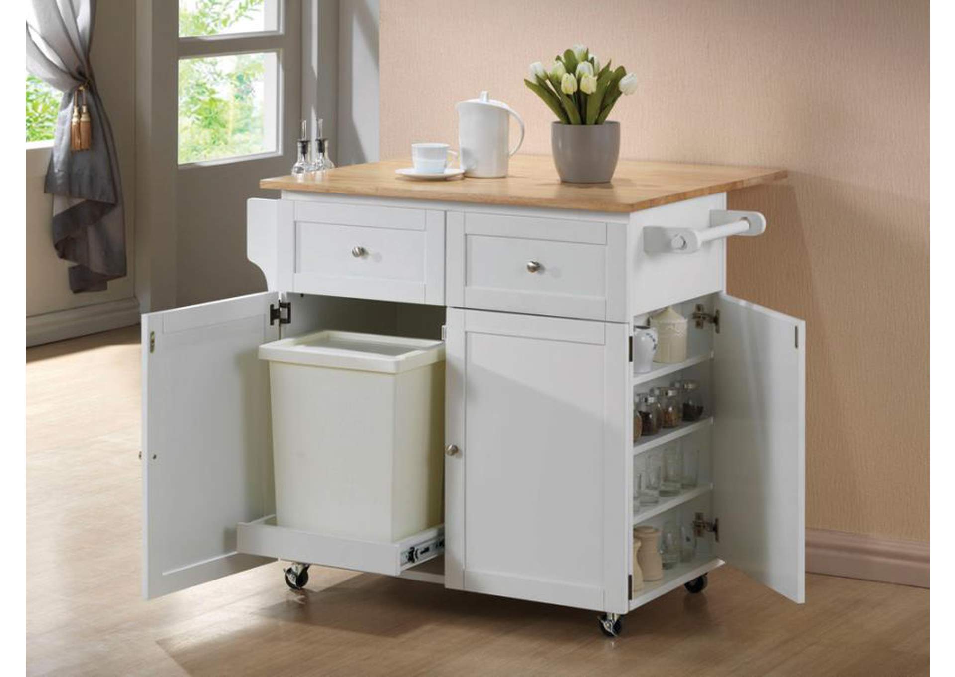 Jalen 3-Door Kitchen Cart with Casters Natural Brown and White,Coaster Furniture