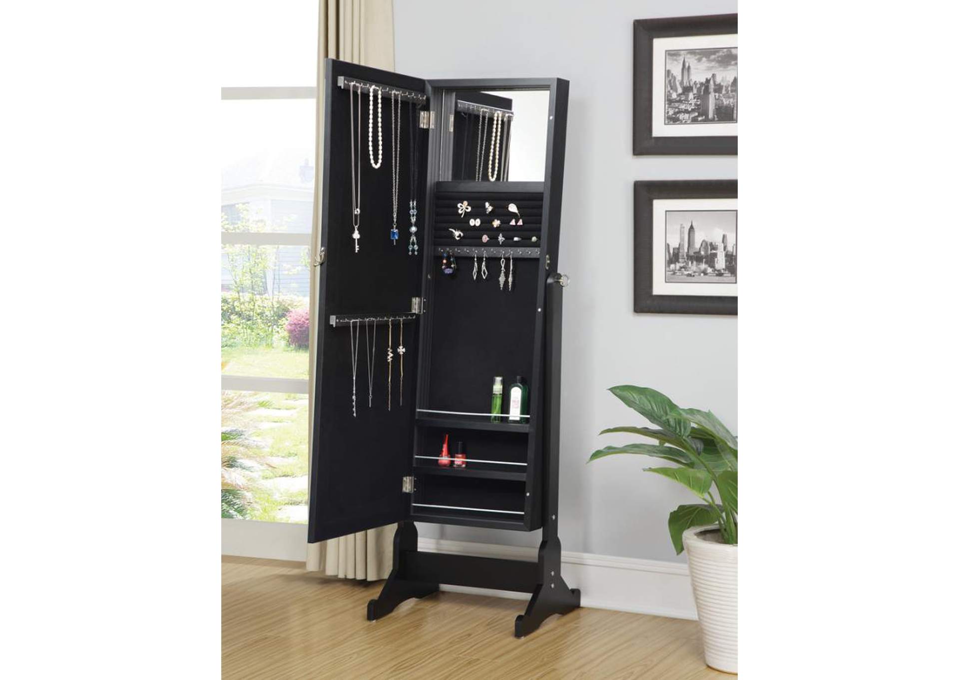 Cortez Storage Jewelry Cheval Mirror Black,Coaster Furniture