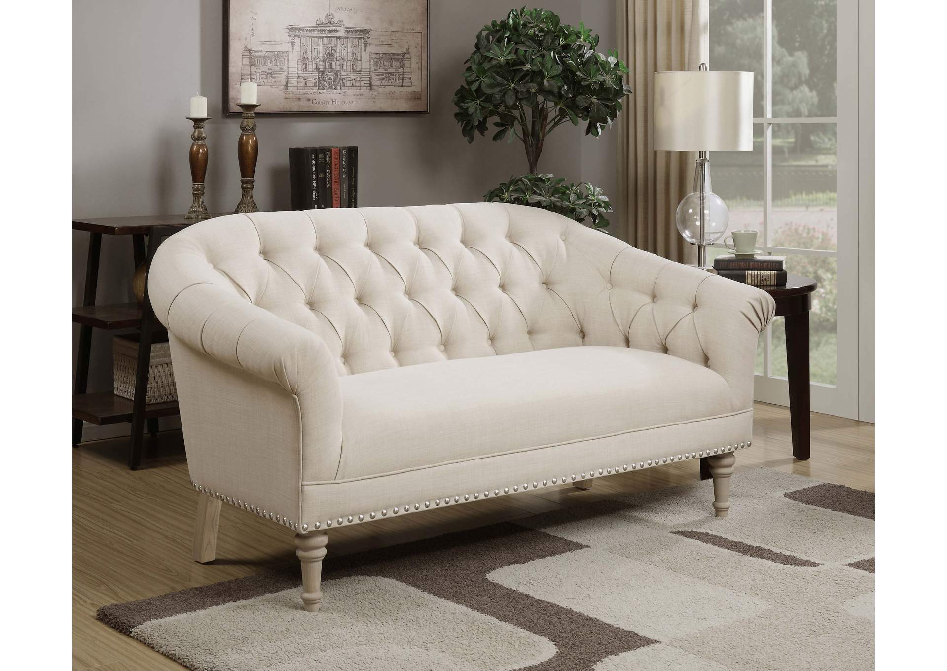 Billie Tufted Back Settee with Roll Arm Natural