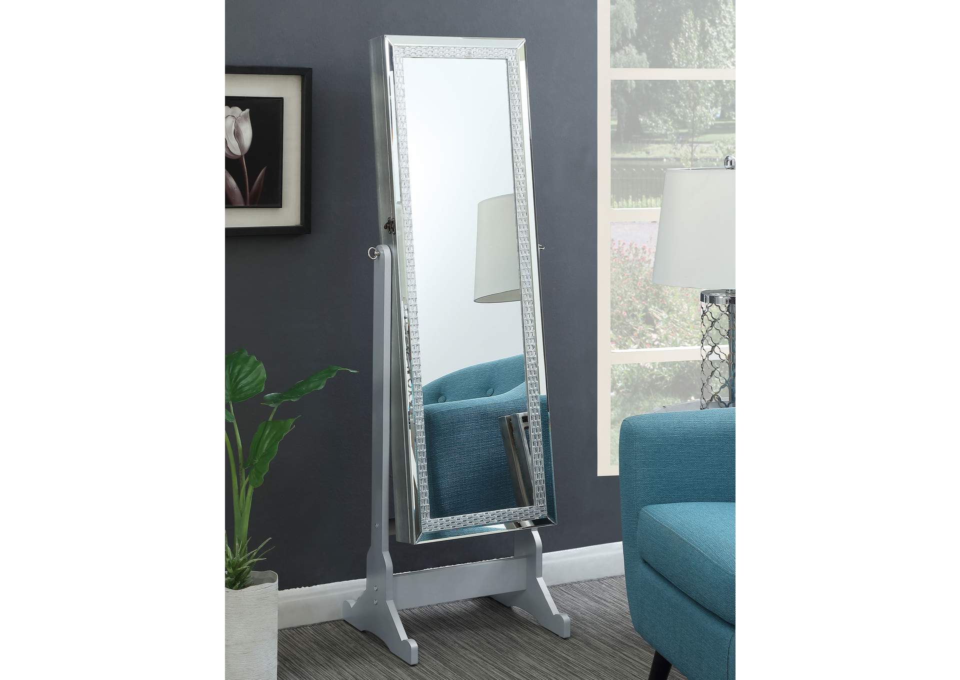Elle Jewelry Cheval Mirror with Crytal Trim Silver,Coaster Furniture