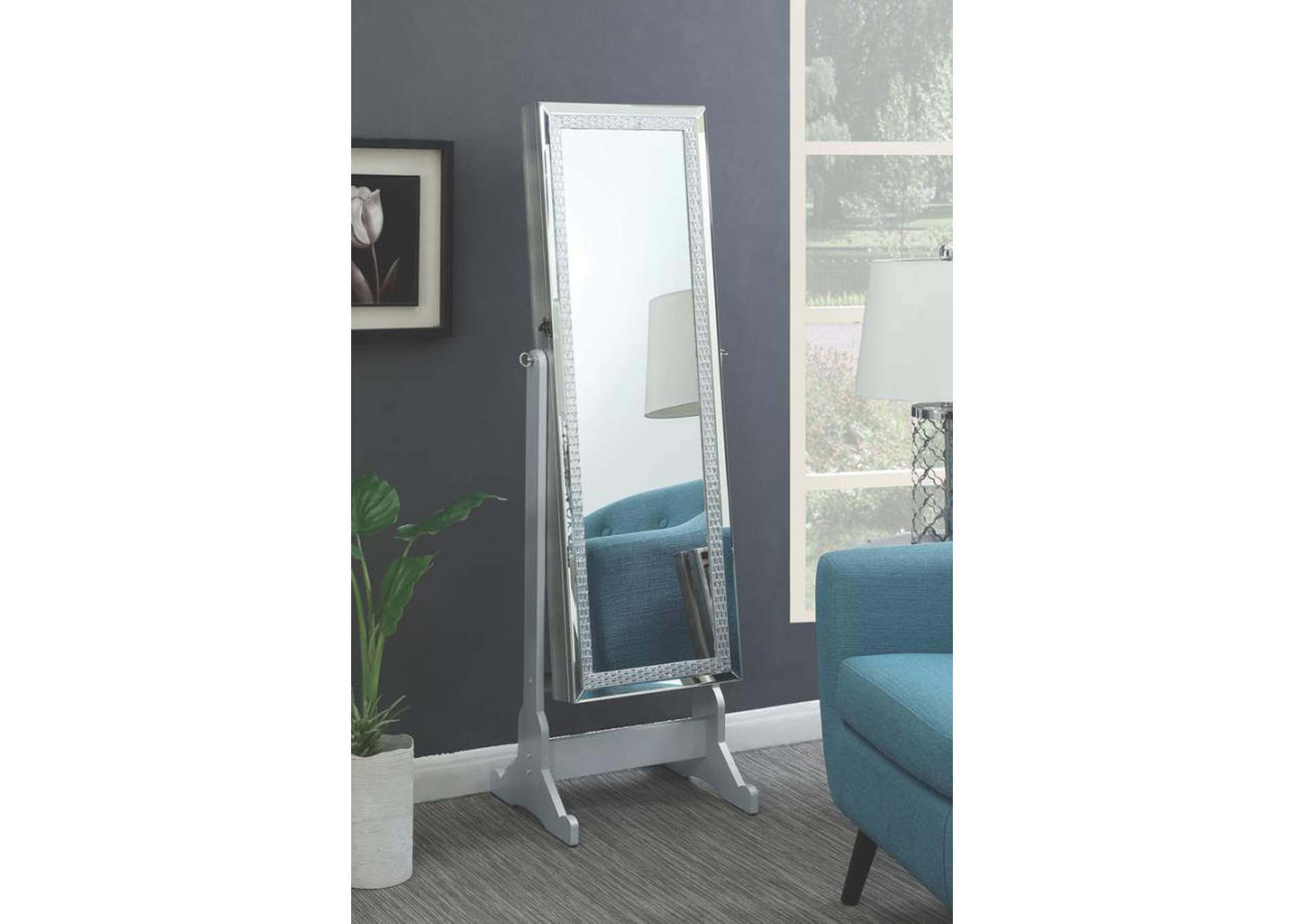 Jewelry Cheval Mirror with Crytal Trim Silver,Coaster Furniture