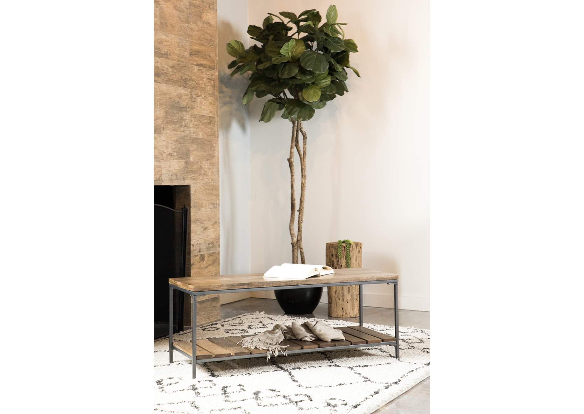 Gerbera Accent Bench with Slat Shelf Natural and Gunmetal,Coaster Furniture