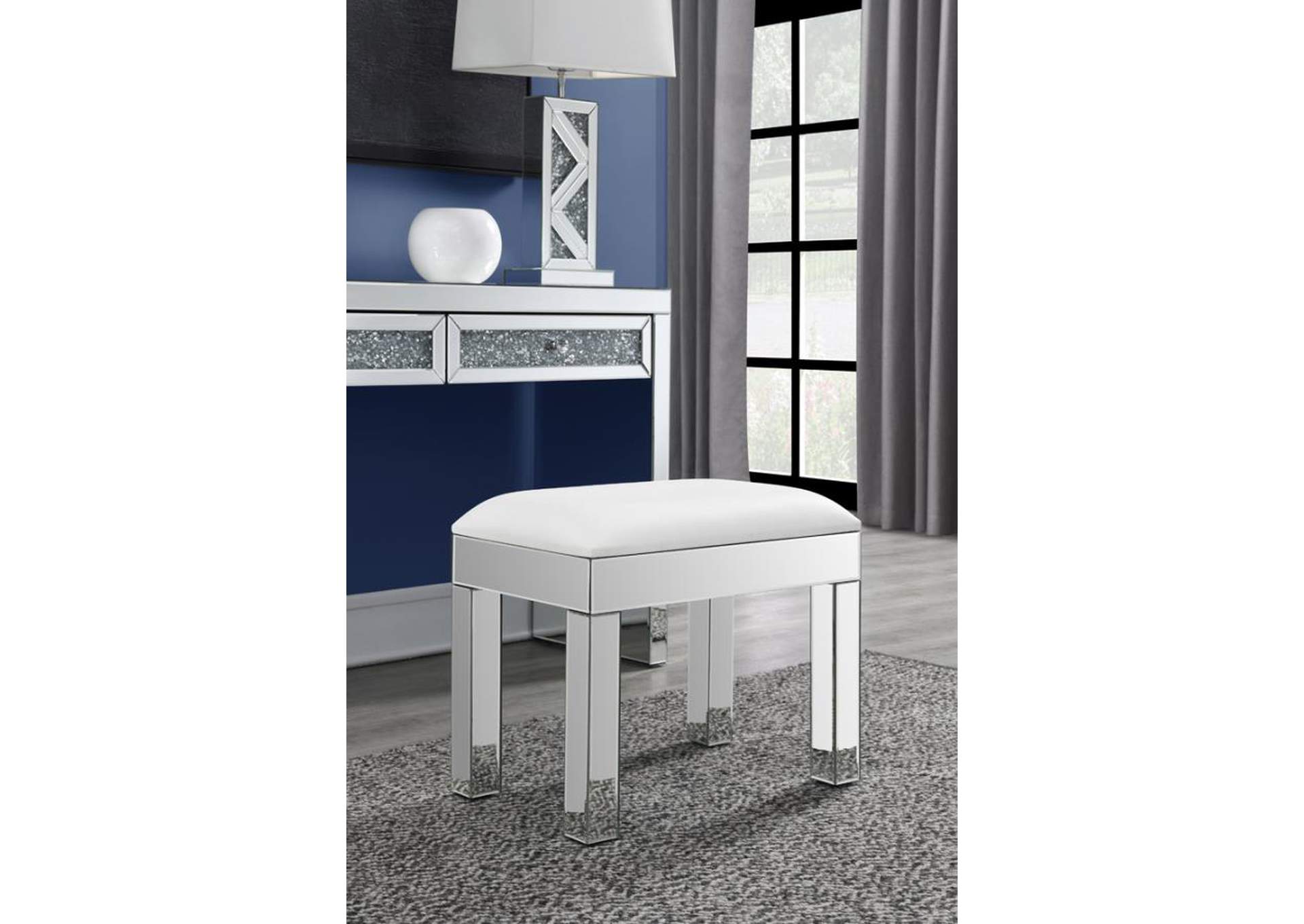 Rectangular Upholstered Vanity Stool White And Mirror,Coaster Furniture