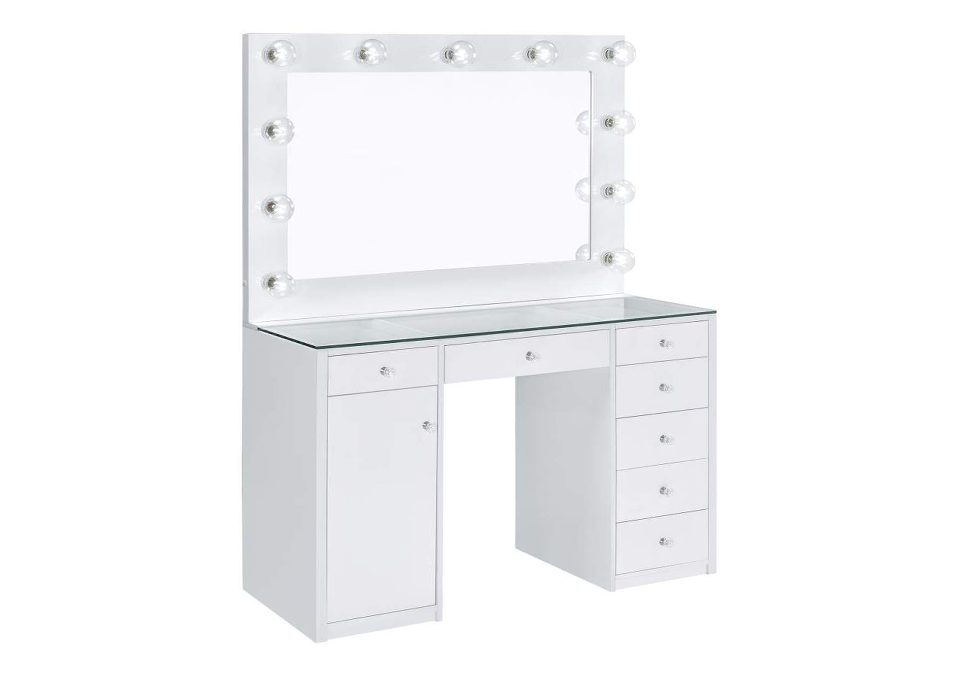 Percy 7-Drawer Glass Top Vanity Desk With Lighting White,Coaster Furniture