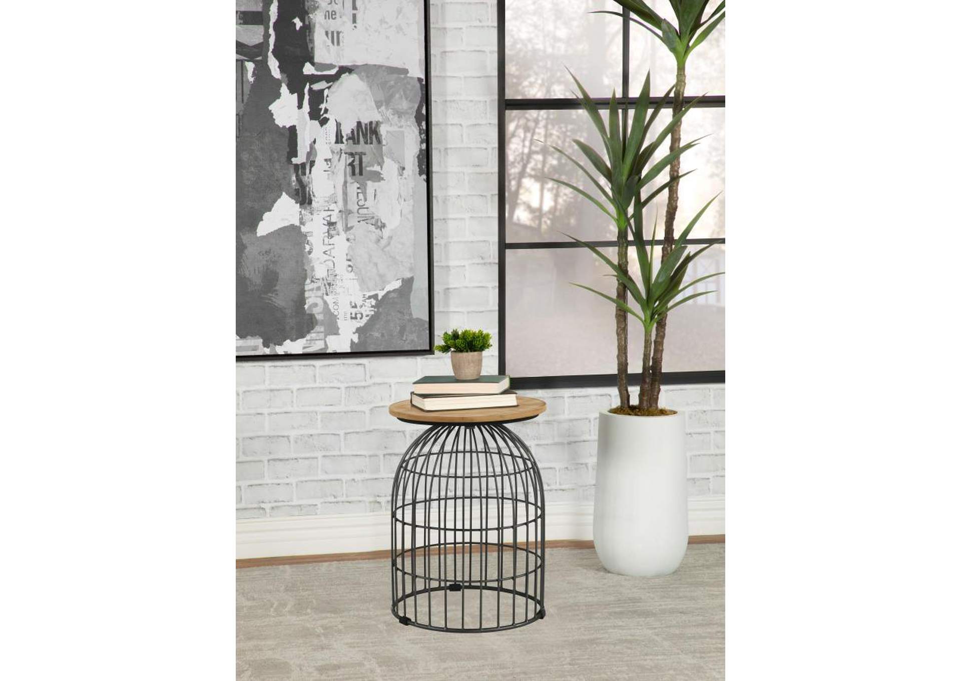 Bernardo Round Accent Table With Bird Cage Base Natural And Gunmetal,Coaster Furniture