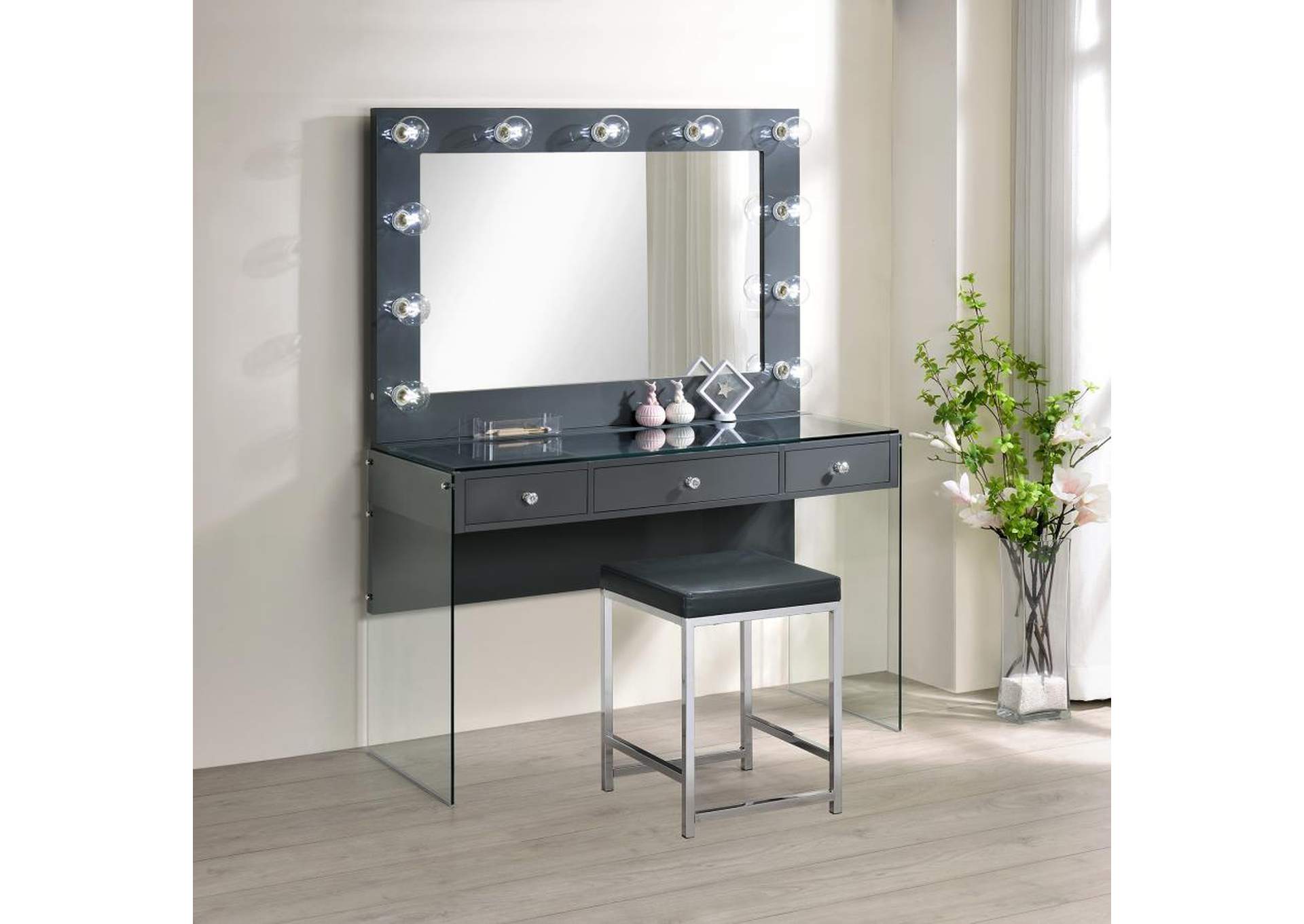 Afshan 3-Drawer Vanity Desk With Lighting Mirror Grey High Gloss,Coaster Furniture