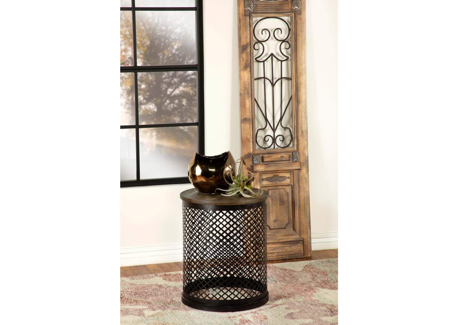 Aurora Round Accent Table With Drum Base Natural And Black,Coaster Furniture