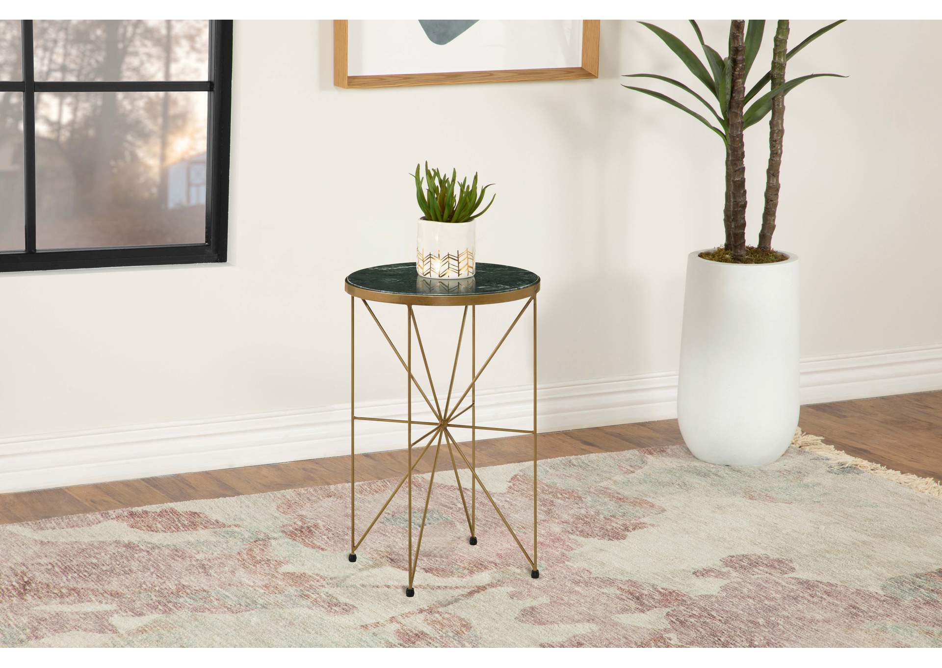 Eliska Round Accent Table with Marble Top Green and Antique Gold,Coaster Furniture