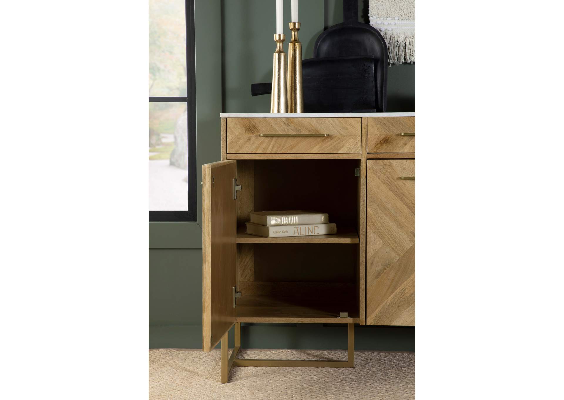 Keaton 3-door Accent Cabinet with Marble Top Natural and Antique Gold,Coaster Furniture