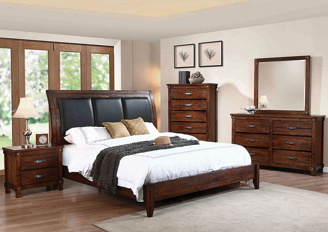 Rustic Oak Queen Upholstered Panel Bed w/Dresser, Mirror & Nightstand,ABF Coaster Furniture