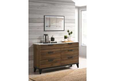 Mays 6 - drawer Dresser Walnut Brown with Faux Marble Top